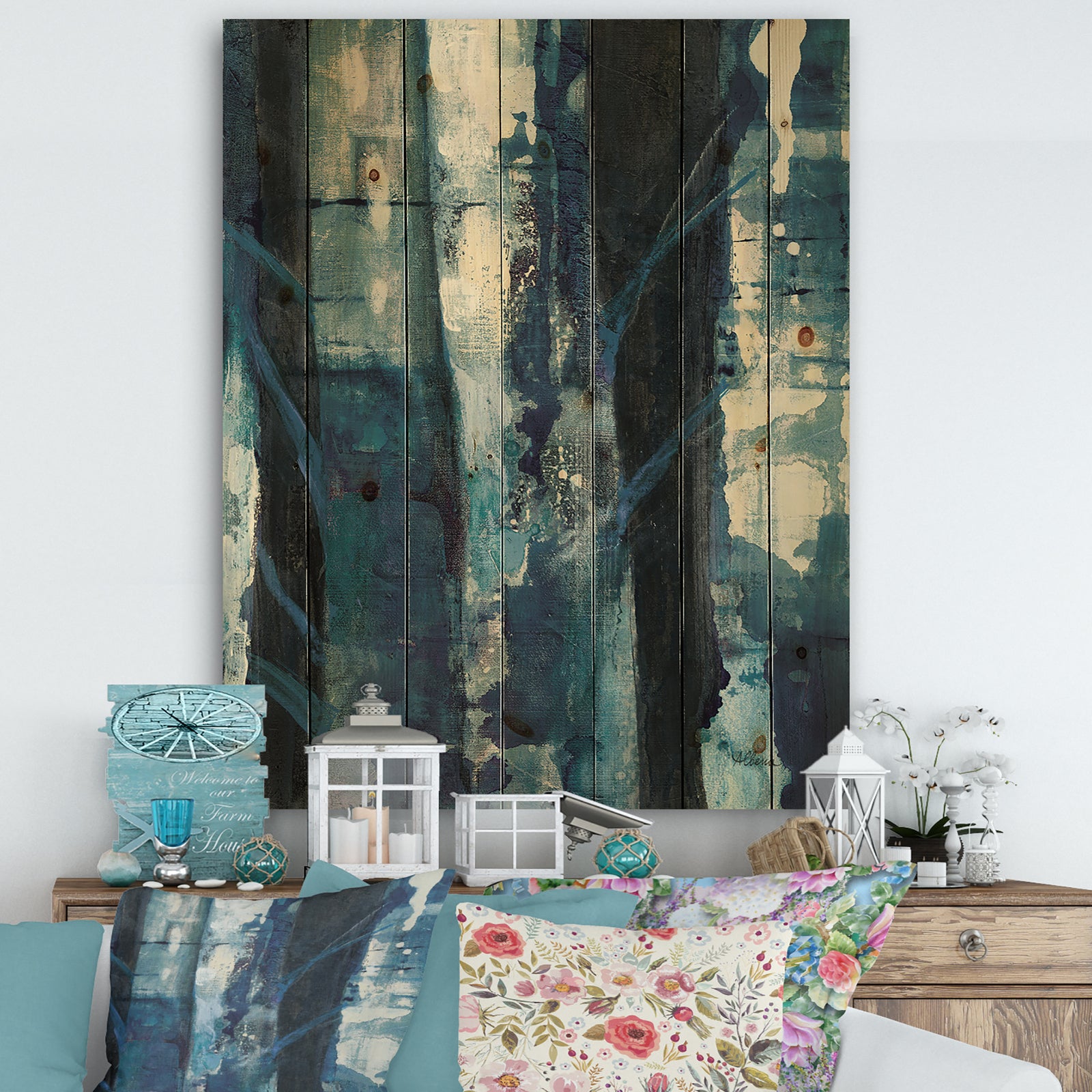 Deep Woods I Indigo - Country Charm Print on Natural Pine Wood