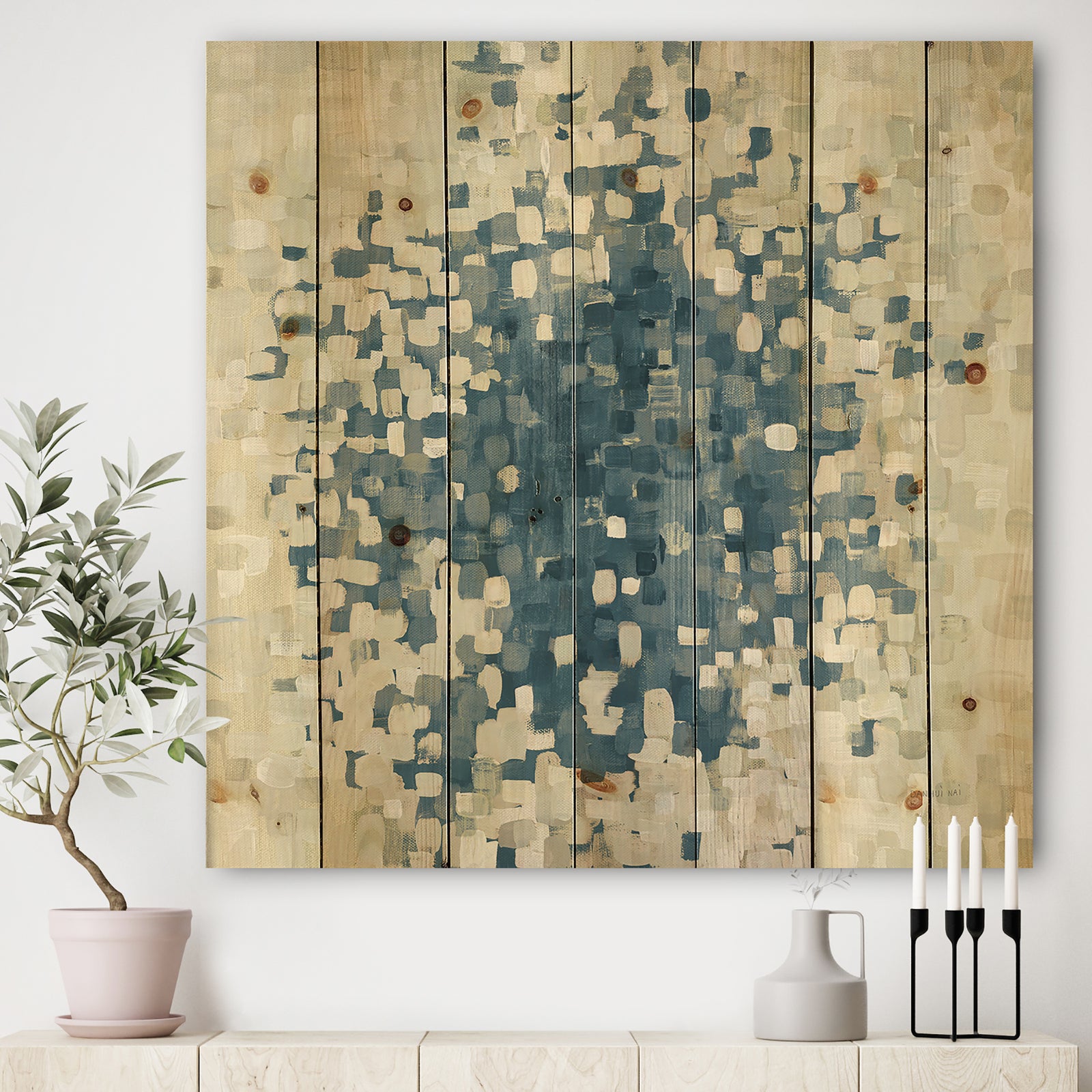 Geometric Blue Spots - Modern & Contemporary Print on Natural Pine Wood
