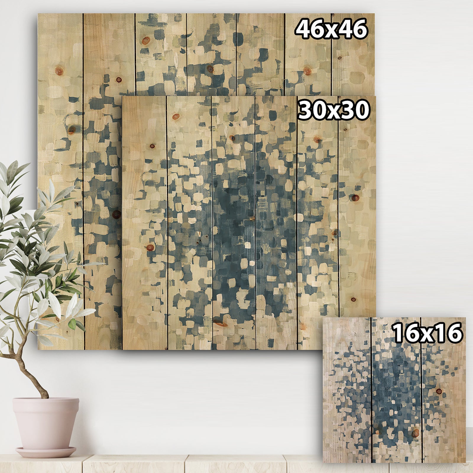 Geometric Blue Spots - Modern & Contemporary Print on Natural Pine Wood