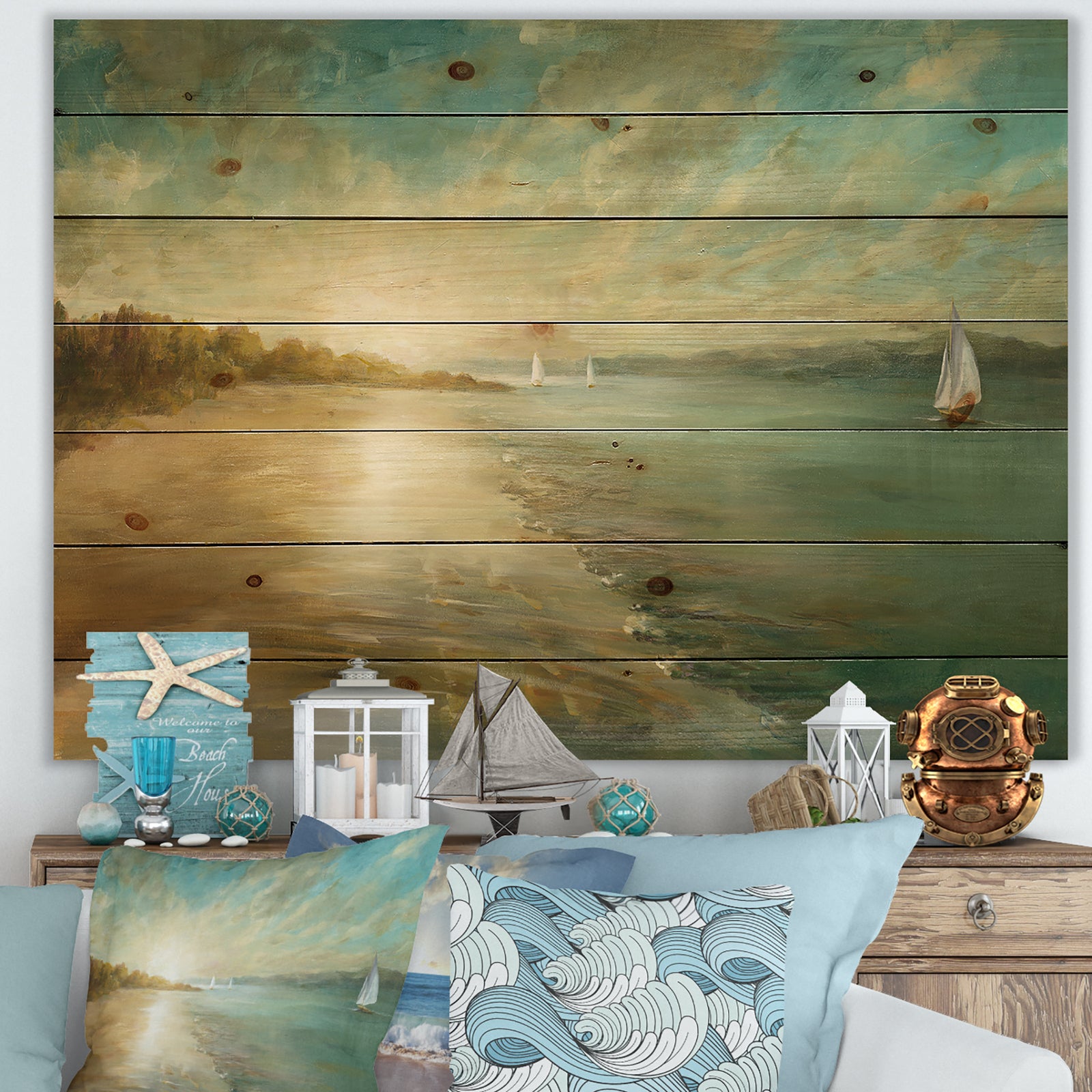 Coastal Pastel Horizon - Nautical & Coastal Print on Natural Pine Wood