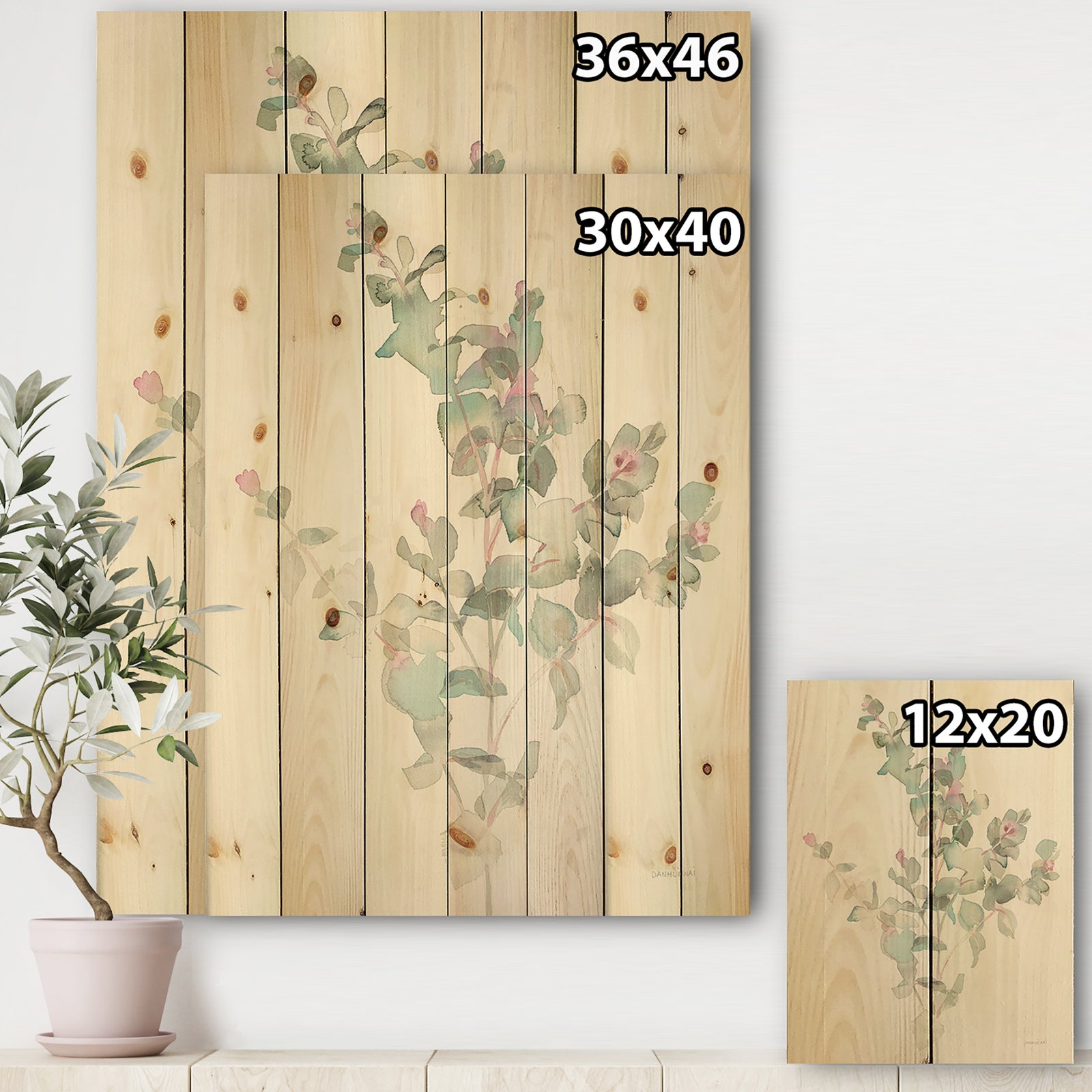 Eucalyptus leaves II - Farmhouse Print on Natural Pine Wood