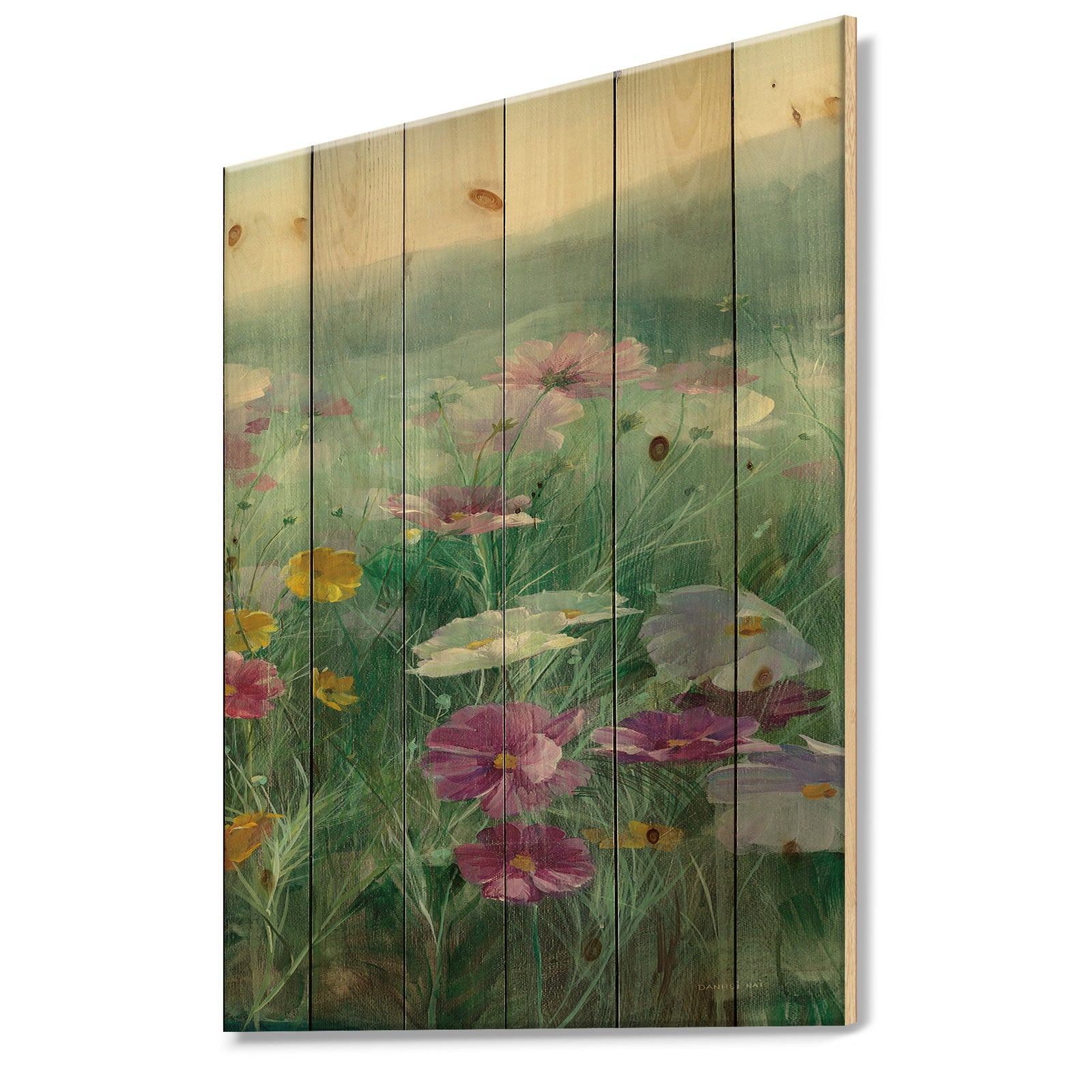 Cosmos at Dawn III - Farmhouse Print on Natural Pine Wood