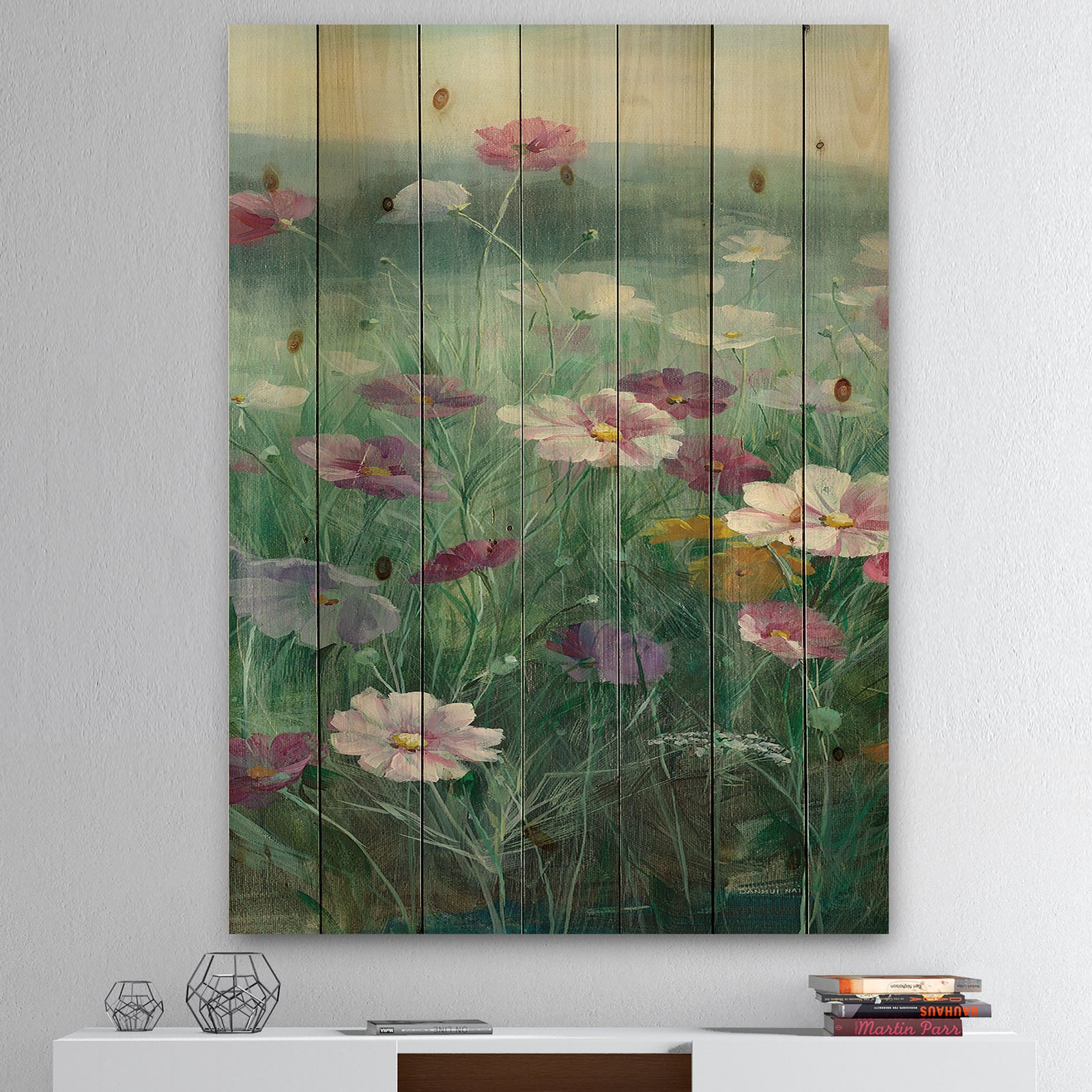 Cosmos at Dawn II - Farmhouse Print on Natural Pine Wood
