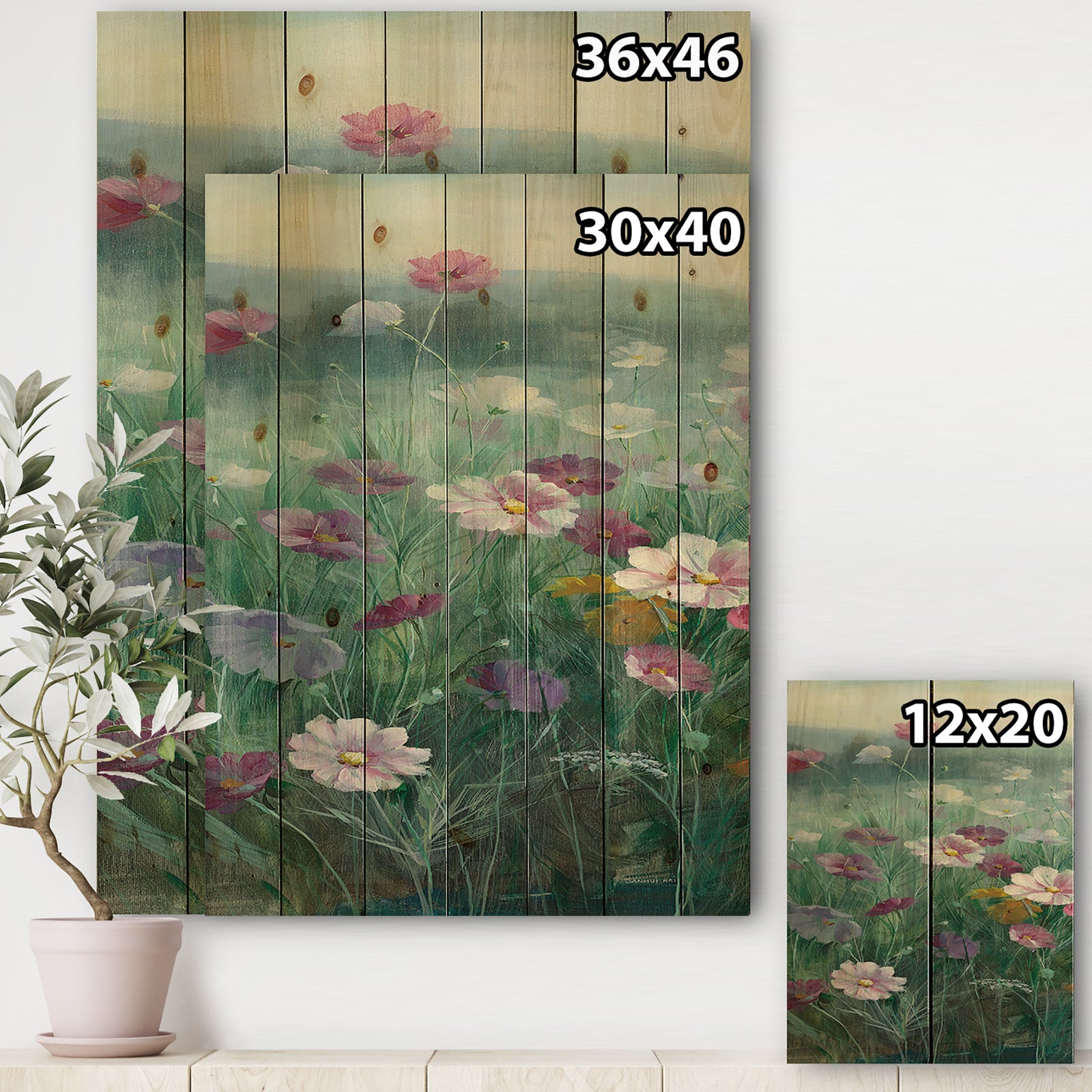 Cosmos at Dawn II - Farmhouse Print on Natural Pine Wood
