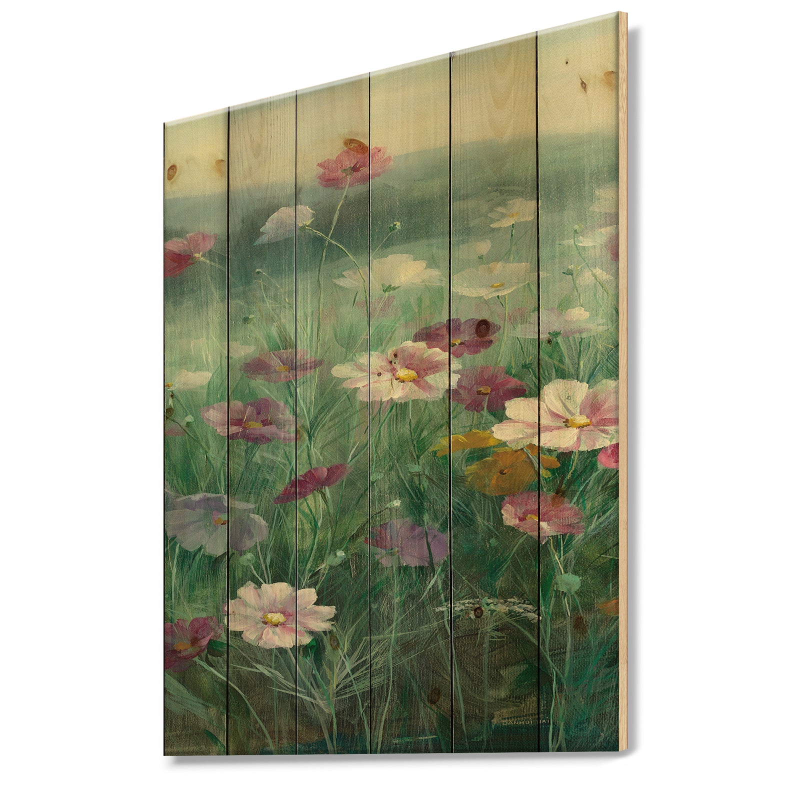 Cosmos at Dawn II - Farmhouse Print on Natural Pine Wood