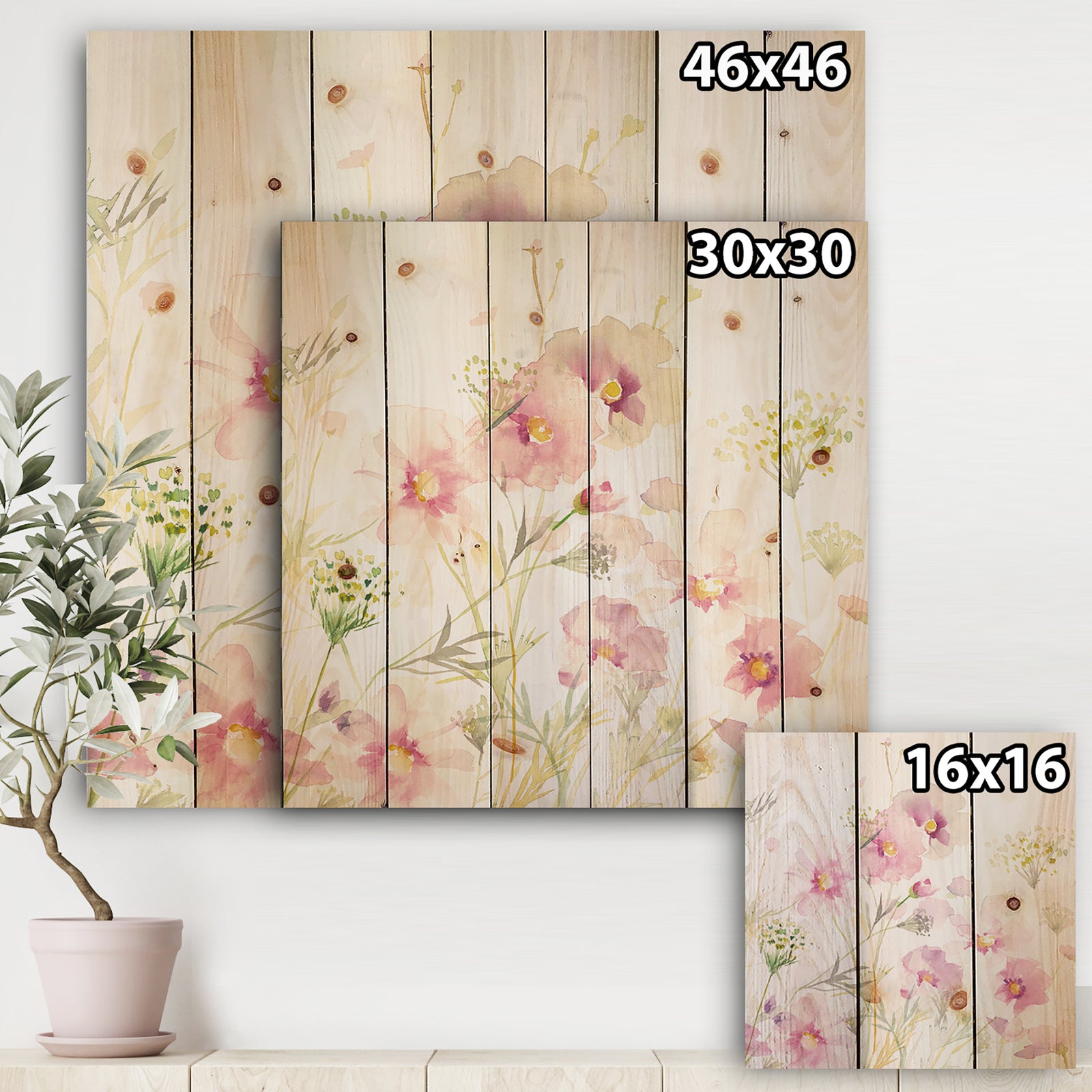 Shabby Flower IV - Farmhouse Print on Natural Pine Wood