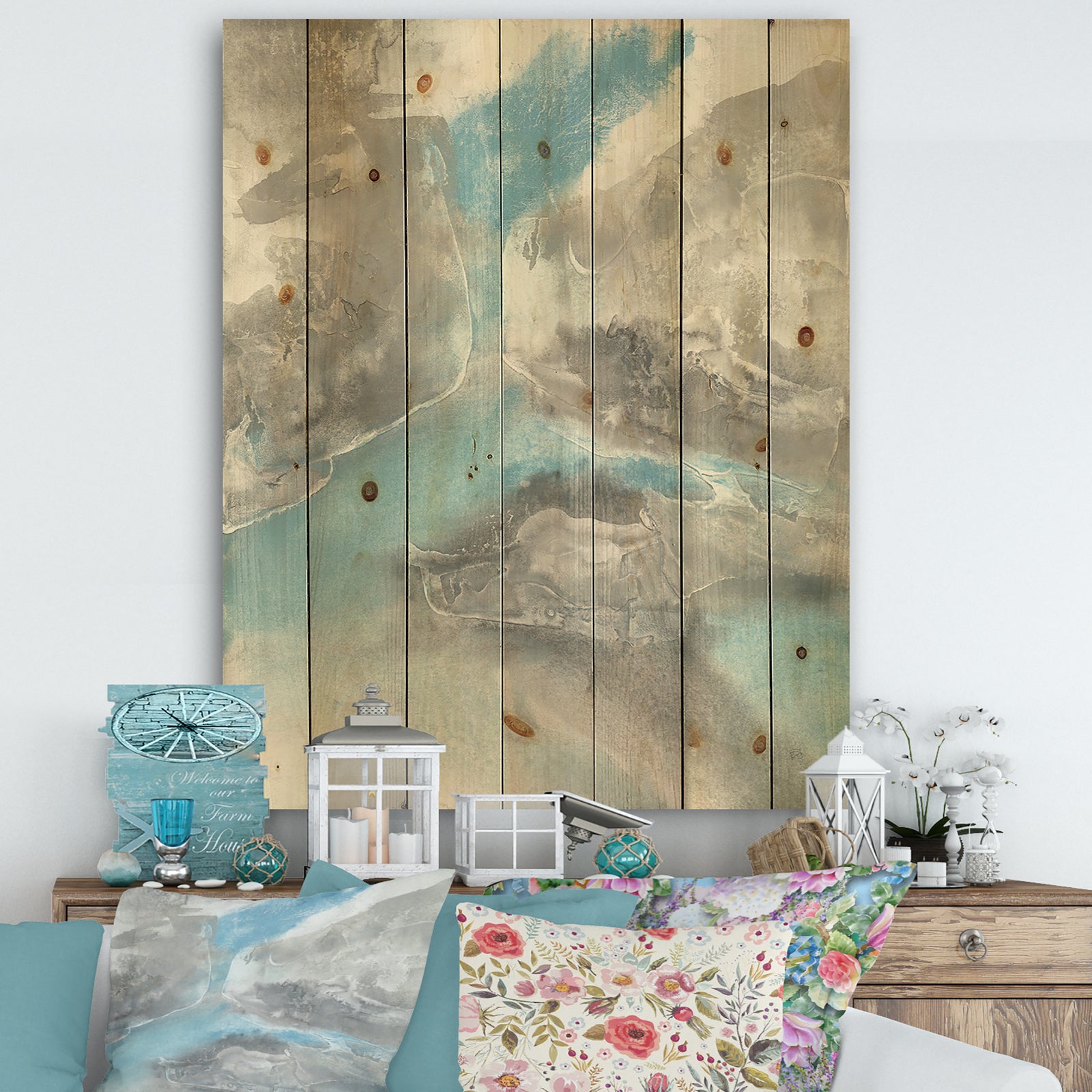 Watercolor Minimal Blue Tones II - Mid-Century Modern Print on Natural Pine Wood