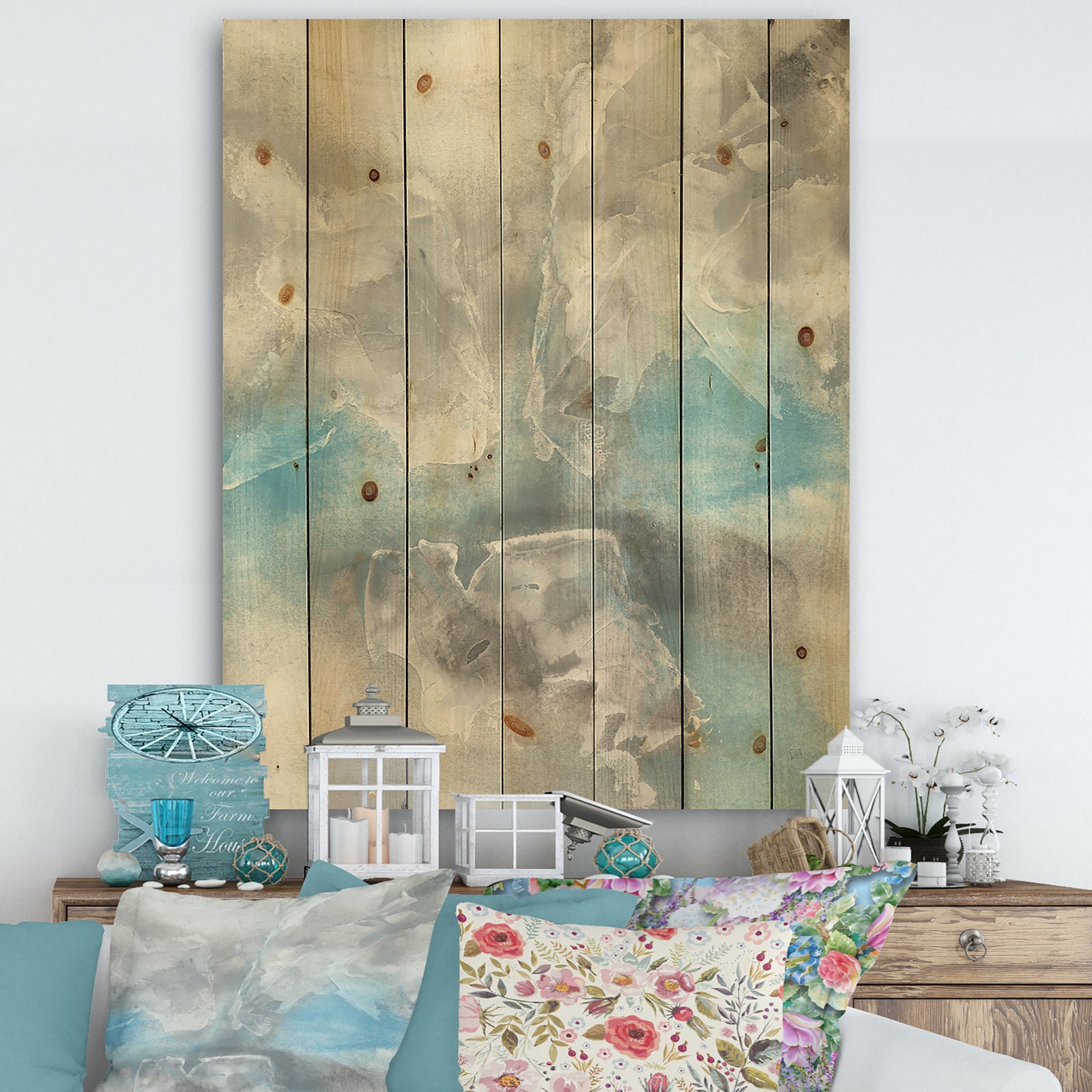 Watercolor Minimal Blue Tones I - Mid-Century Modern Print on Natural Pine Wood