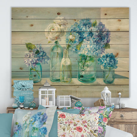Coastl Flowers Bouquets - Nautical & Coastal Print on Natural Pine Wood