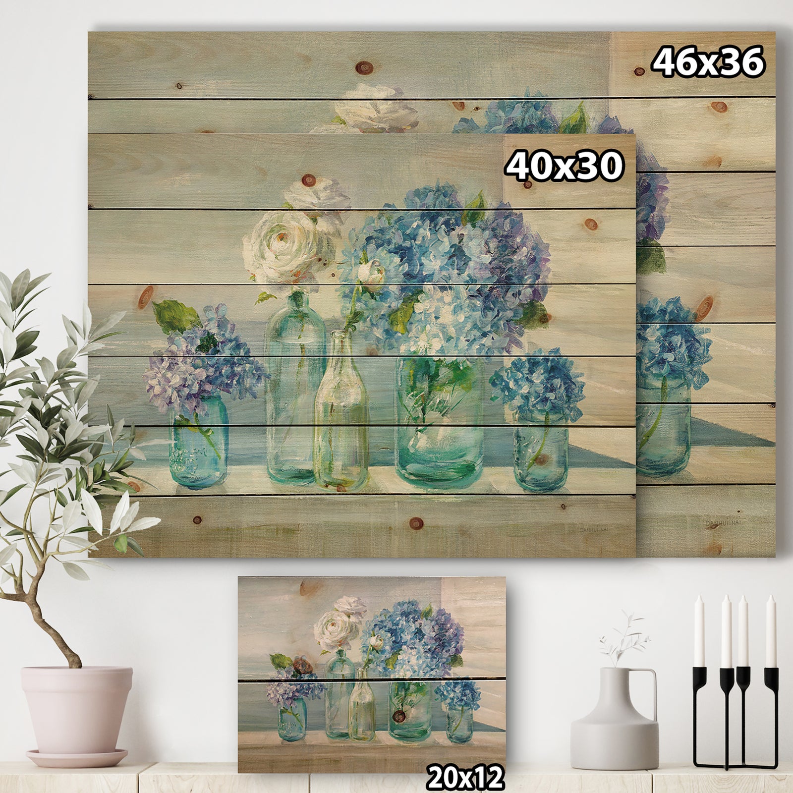 Coastl Flowers Bouquets - Nautical & Coastal Print on Natural Pine Wood