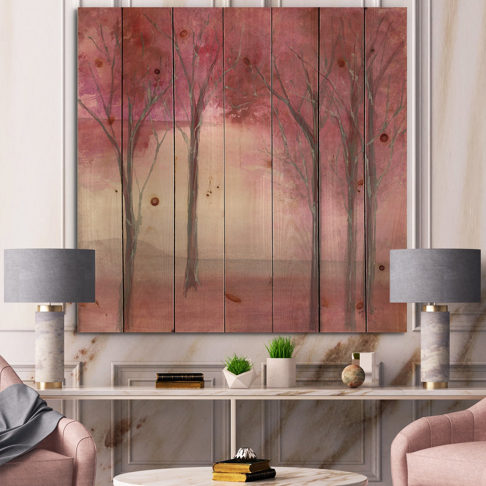 Shabby Pink Under the Trees - Shabby Chic Print on Natural Pine Wood