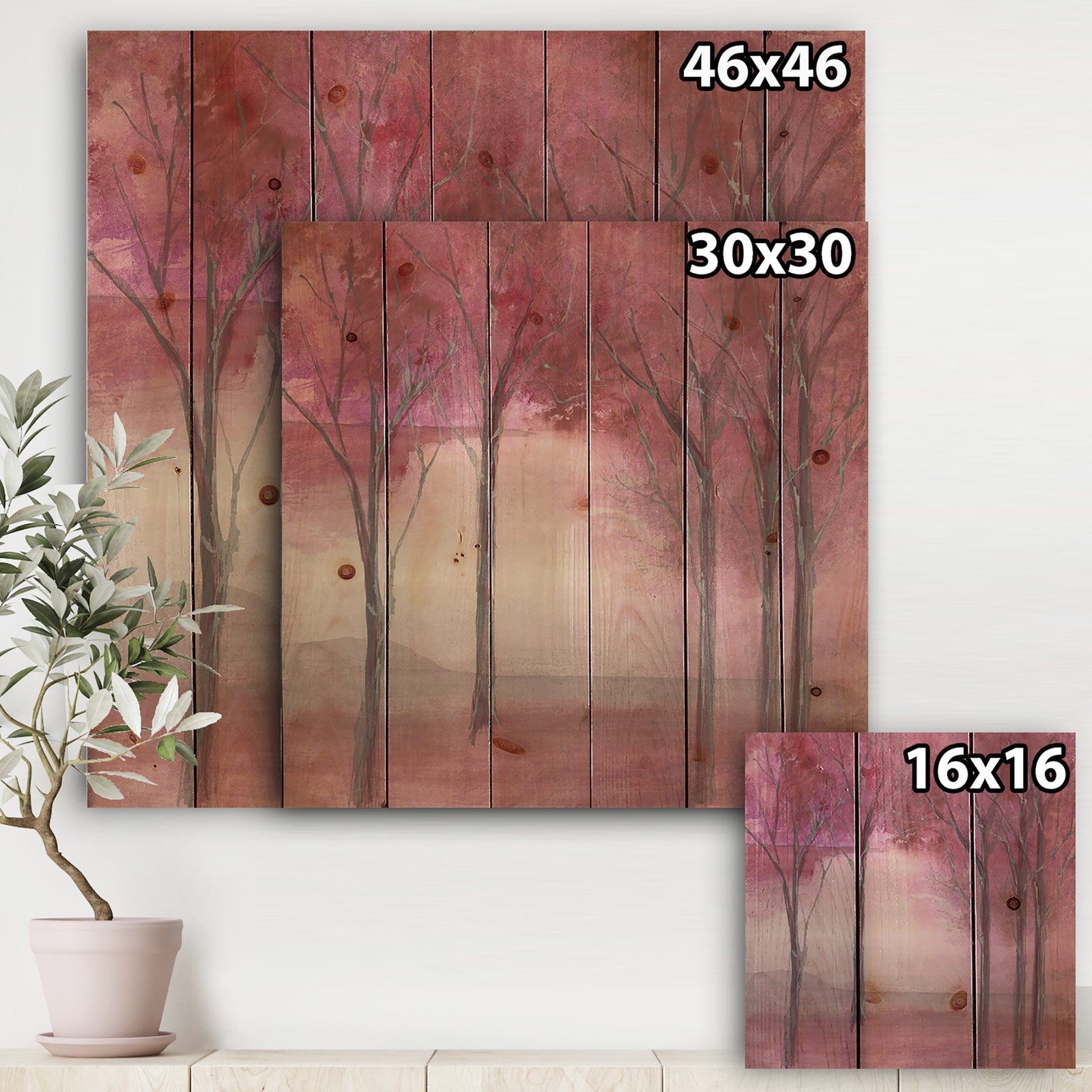 Shabby Pink Under the Trees - Shabby Chic Print on Natural Pine Wood