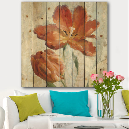 Orange Parrot Tuplip - Traditional Print on Natural Pine Wood
