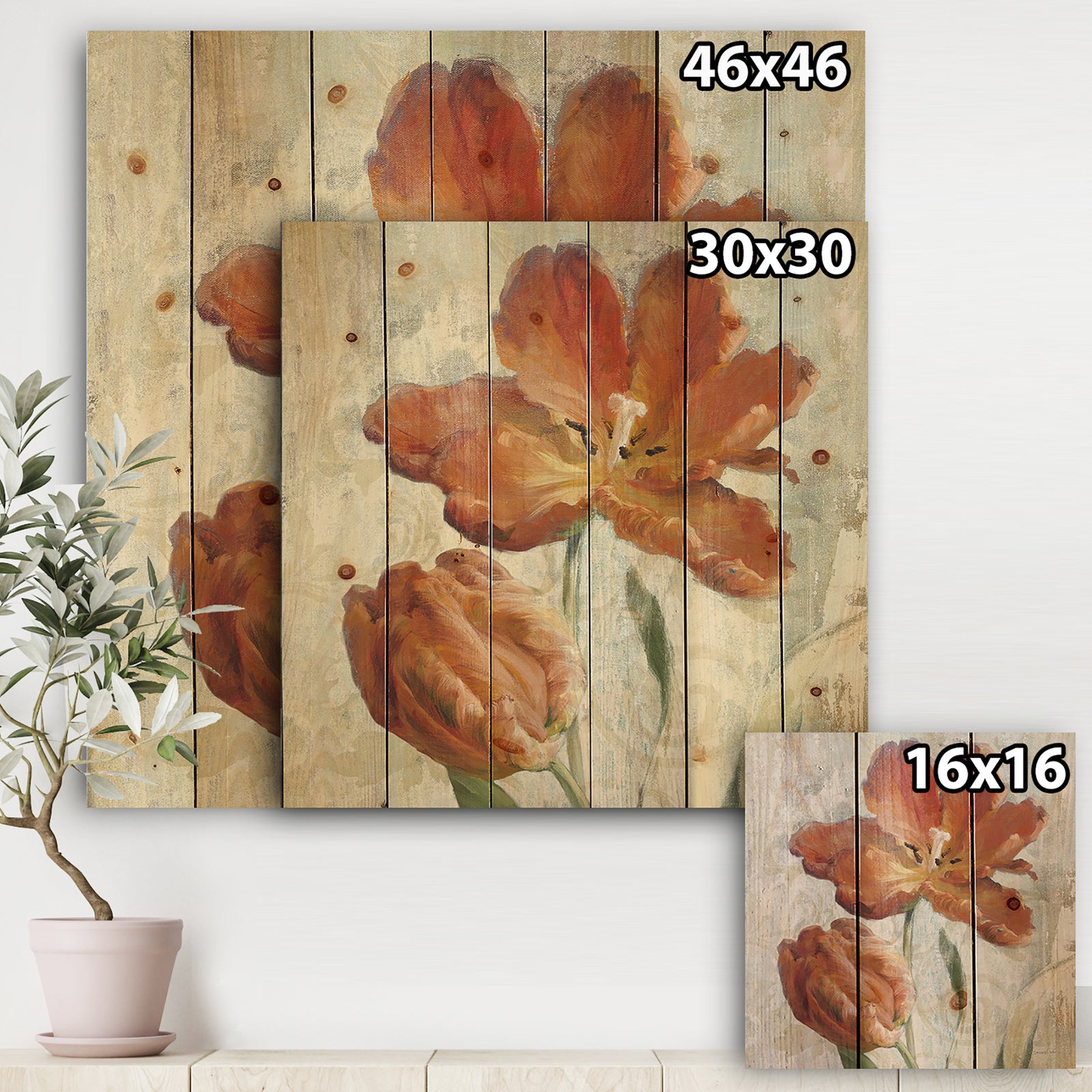 Orange Parrot Tuplip - Traditional Print on Natural Pine Wood