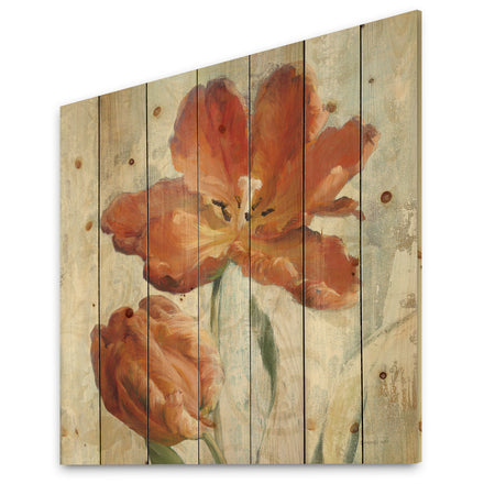 Orange Parrot Tuplip - Traditional Print on Natural Pine Wood