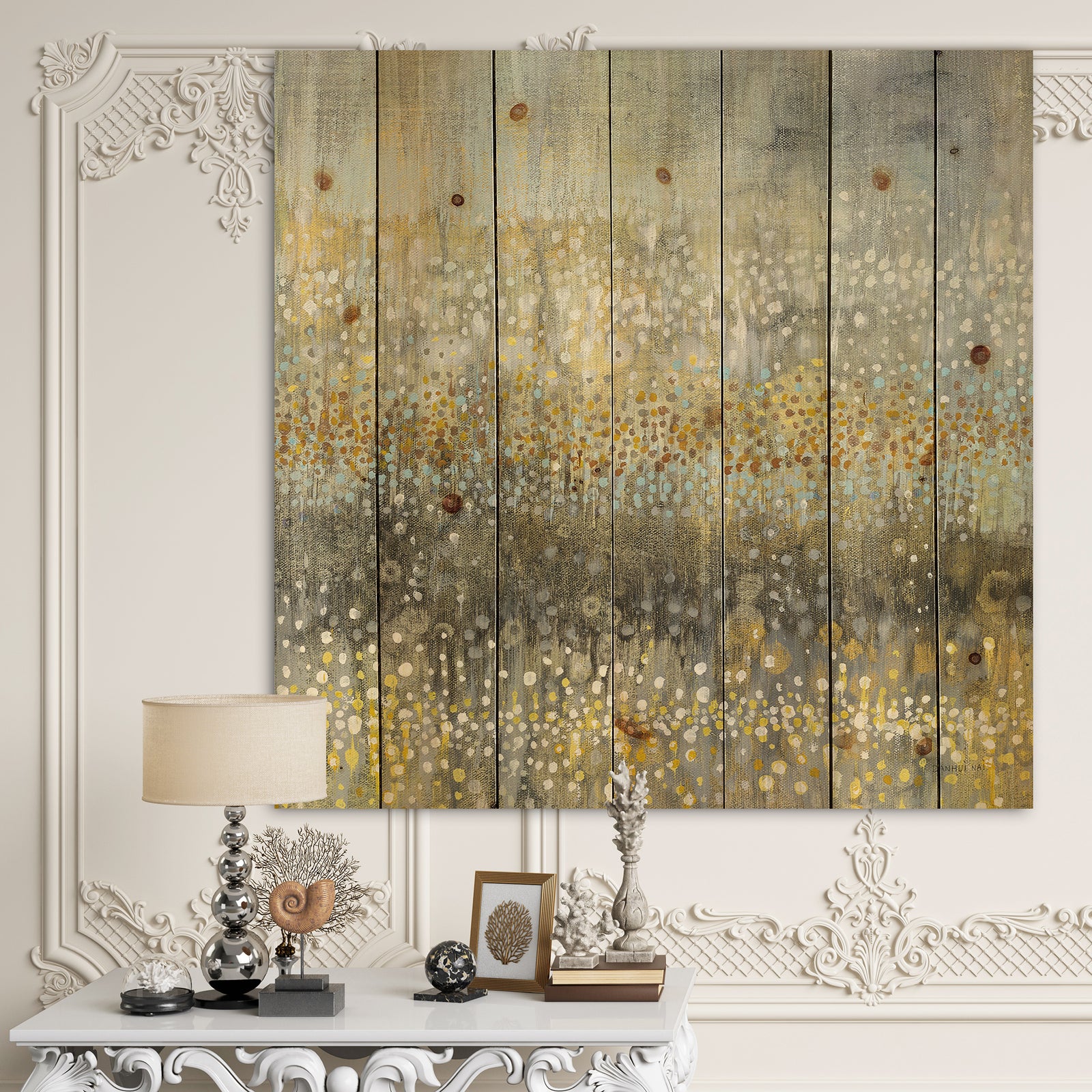 Glam Rain Abstract IV - Modern & Contemporary Print on Natural Pine Wood