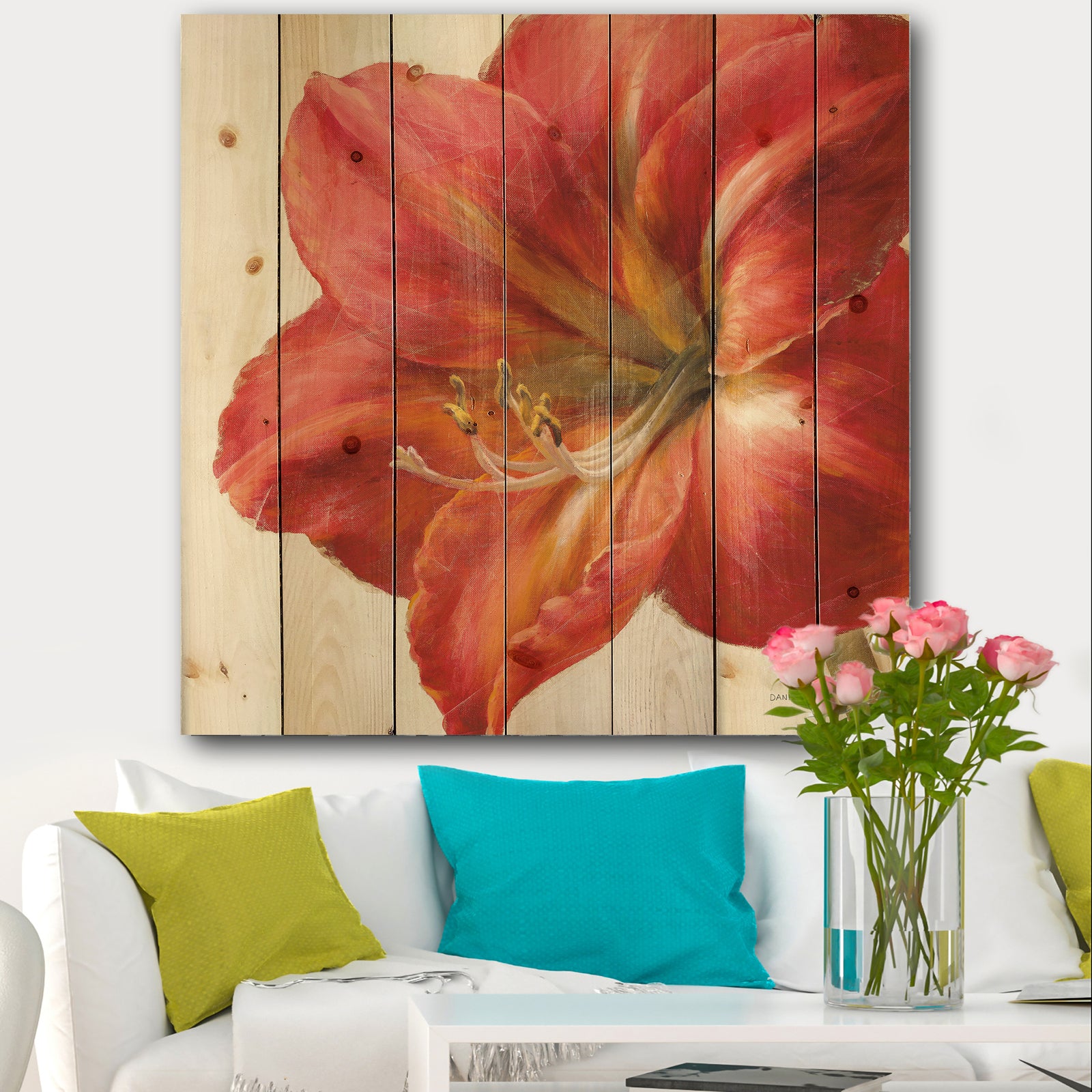 Vivid Red Amaryllis - Floral & Botanical Print on Natural Pine Wood