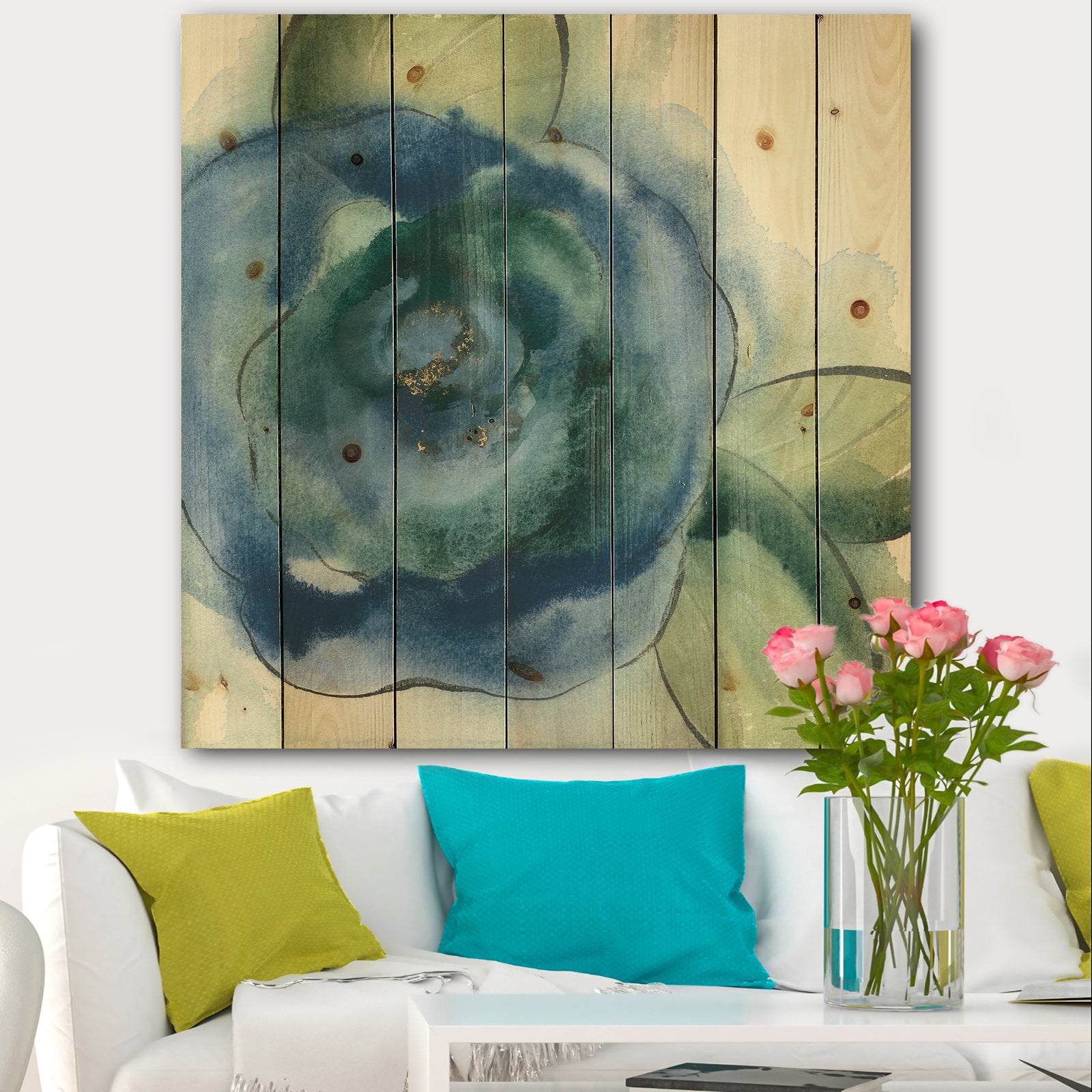Blue Floral Poppies I - Cottage Print on Natural Pine Wood