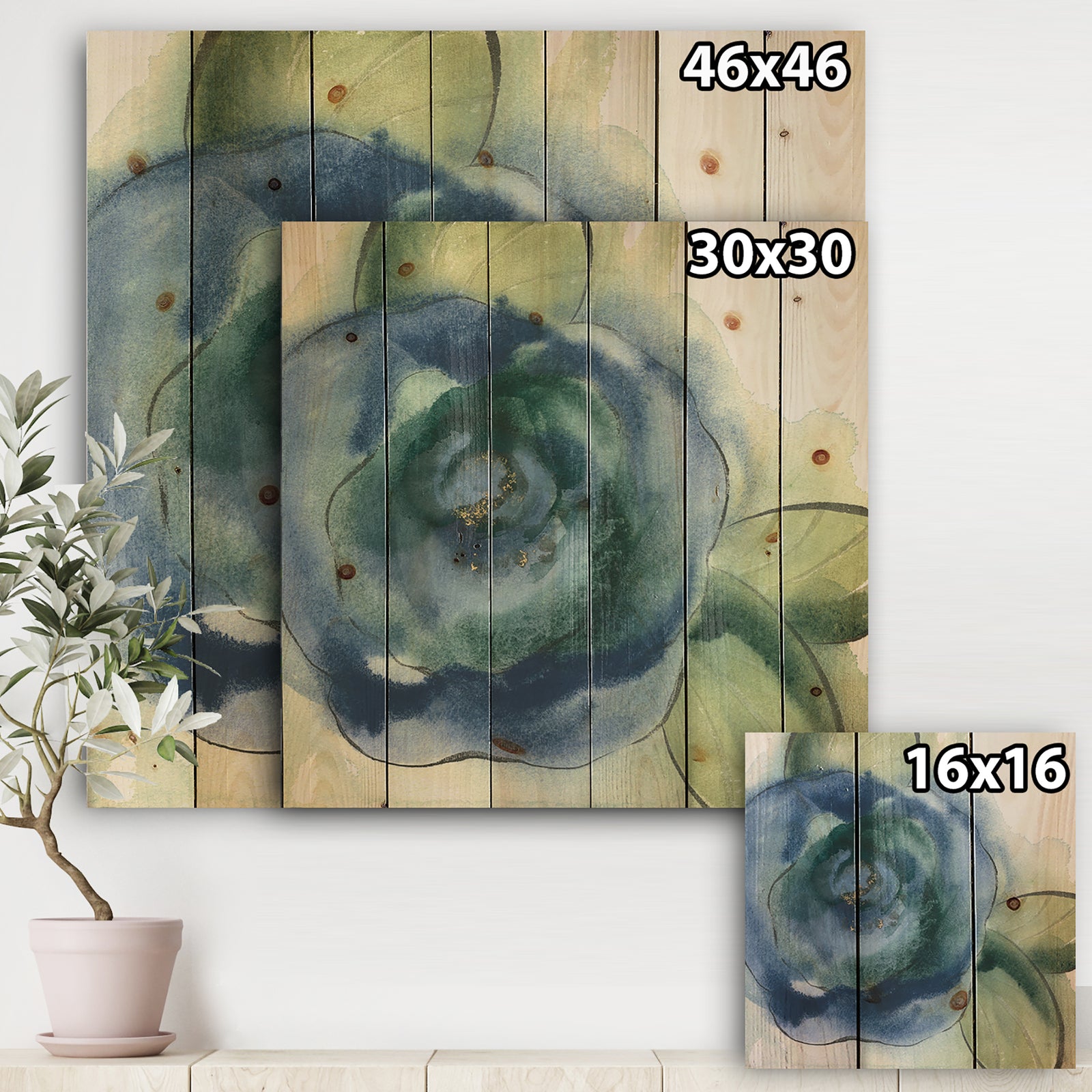 Blue Floral Poppies I - Cottage Print on Natural Pine Wood