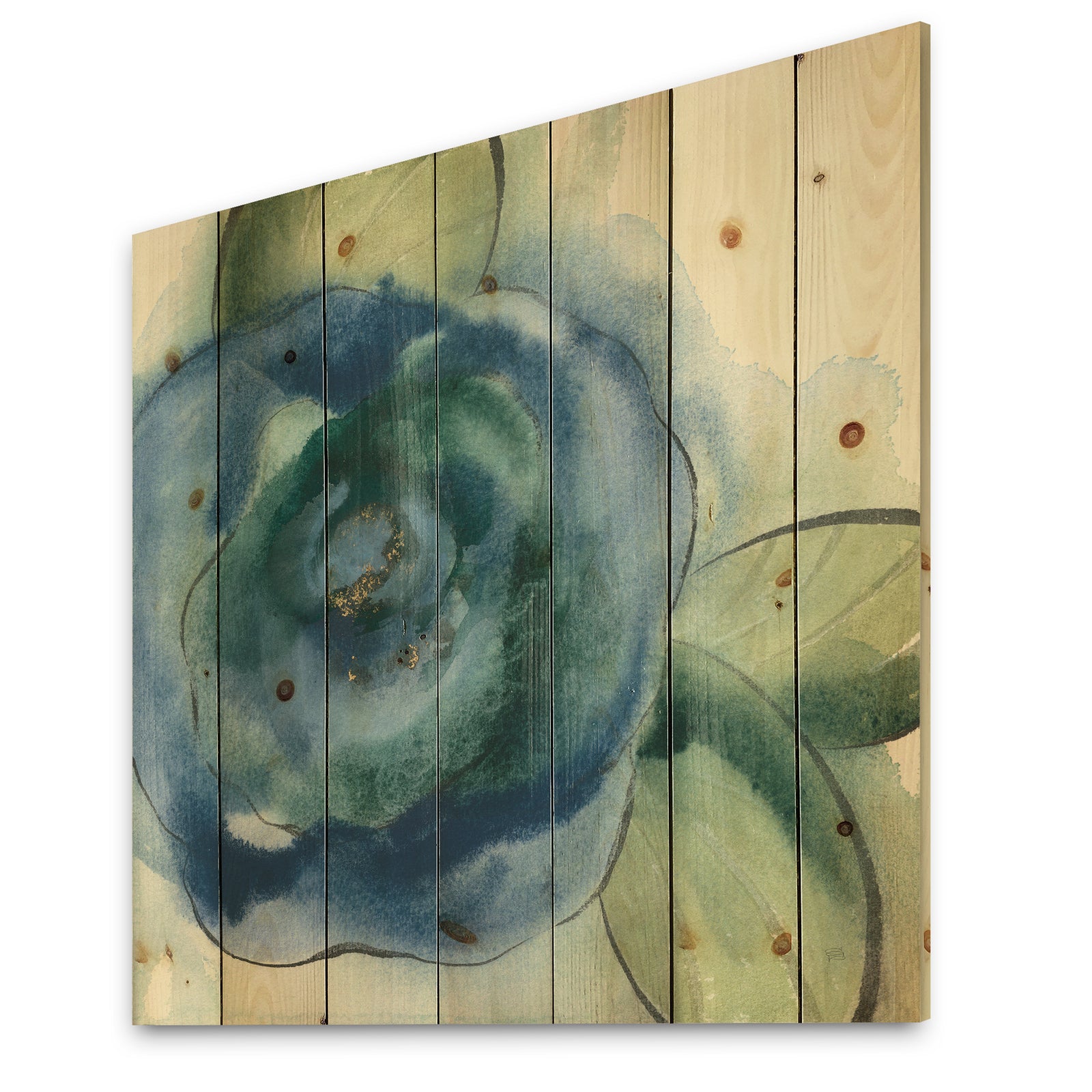 Blue Floral Poppies I - Cottage Print on Natural Pine Wood