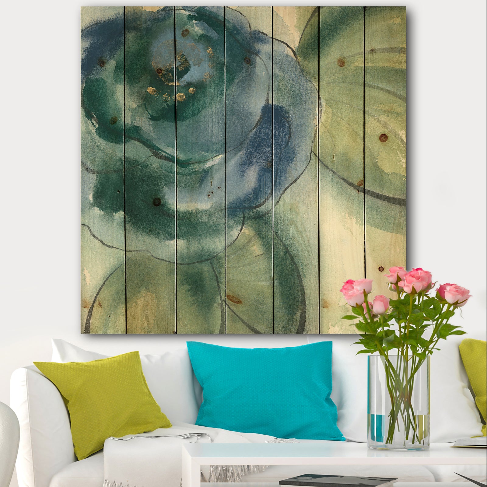 Blue Floral Poppies II - Cottage Print on Natural Pine Wood