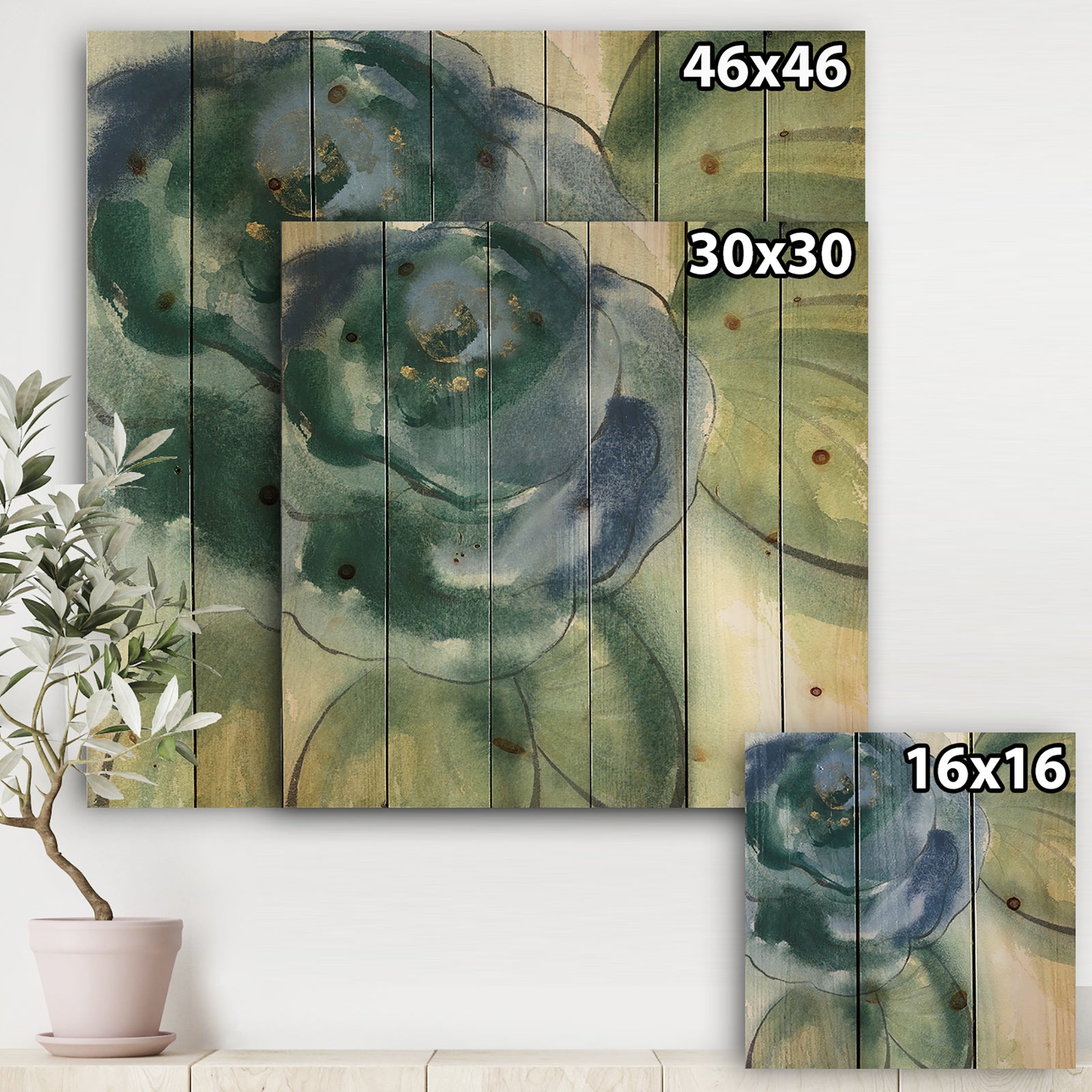Blue Floral Poppies II - Cottage Print on Natural Pine Wood