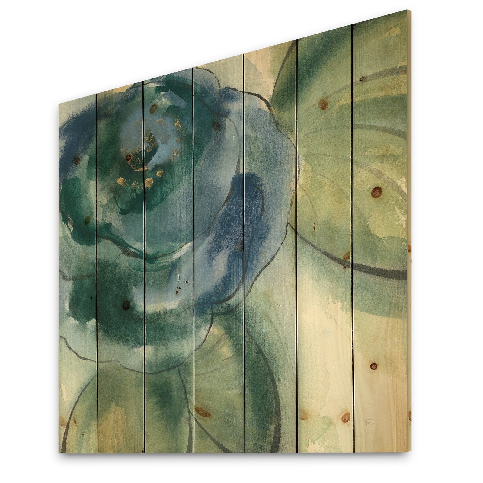 Blue Floral Poppies II - Cottage Print on Natural Pine Wood