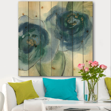 Blue Floral Poppies III - Cottage Print on Natural Pine Wood