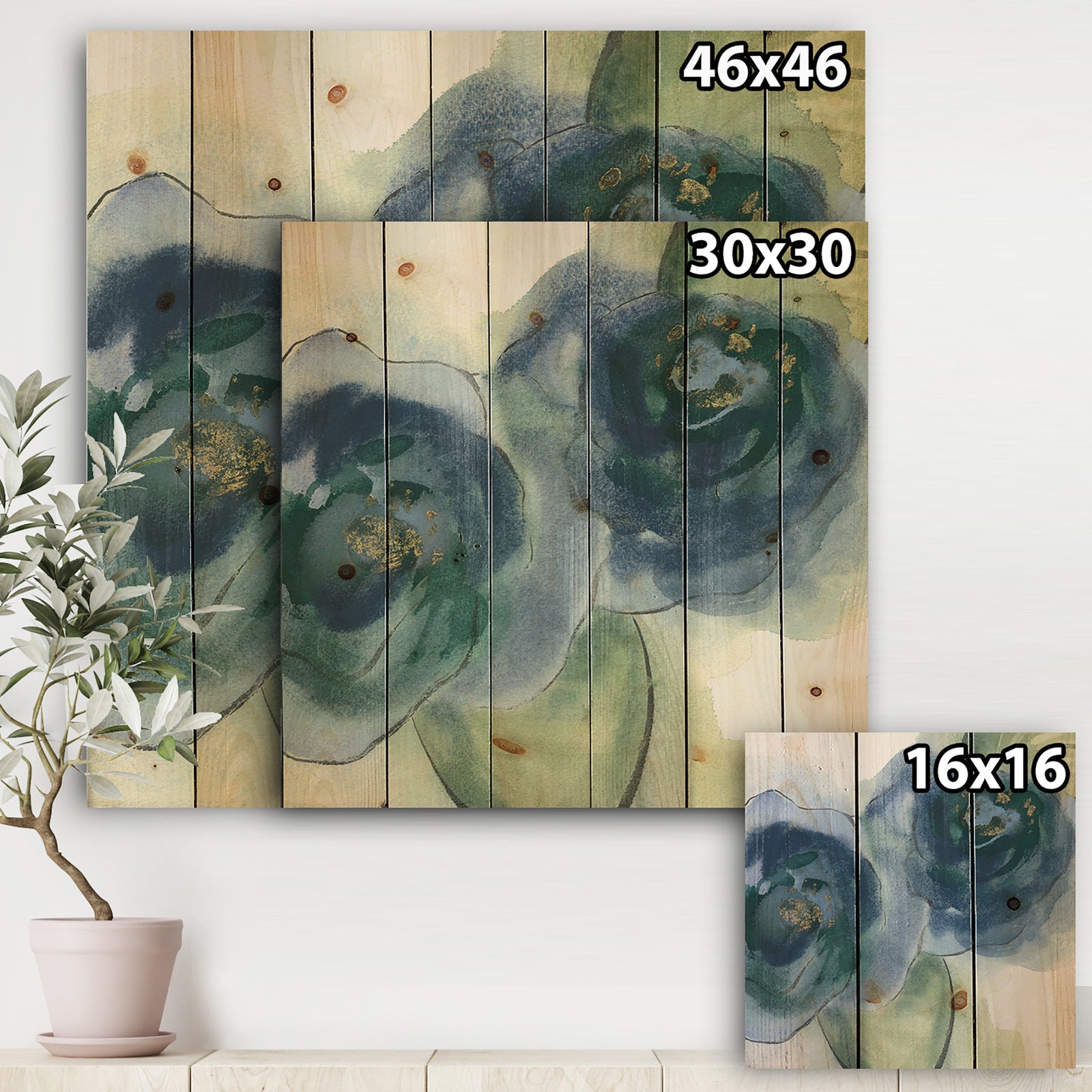 Blue Floral Poppies III - Cottage Print on Natural Pine Wood