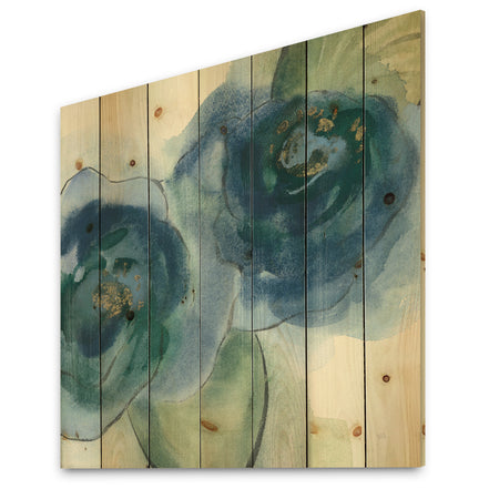 Blue Floral Poppies III - Cottage Print on Natural Pine Wood