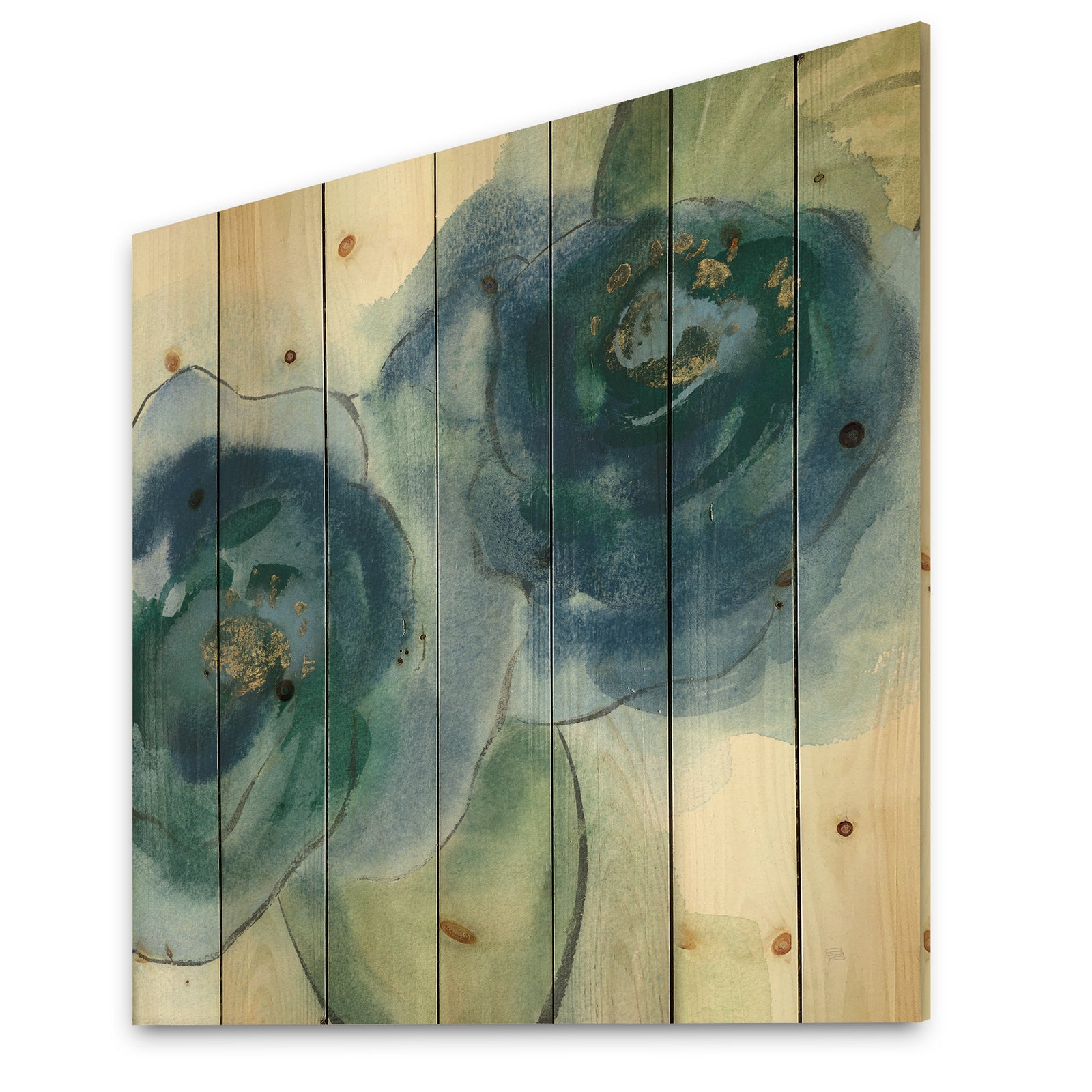 Blue Floral Poppies III - Cottage Print on Natural Pine Wood