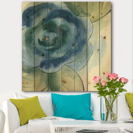 Blue Floral Poppies IV - Cottage Print on Natural Pine Wood