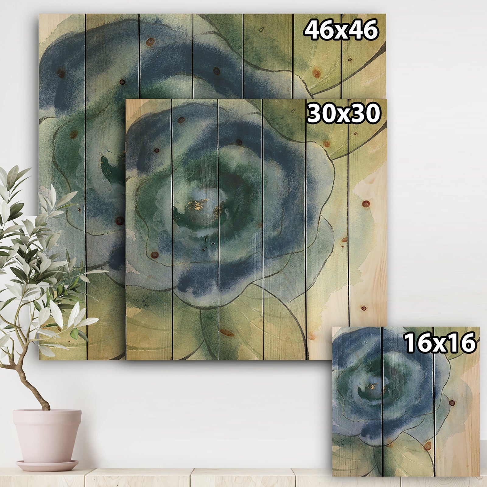 Blue Floral Poppies IV - Cottage Print on Natural Pine Wood