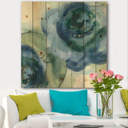 Blue Floral Poppies V - Cottage Print on Natural Pine Wood