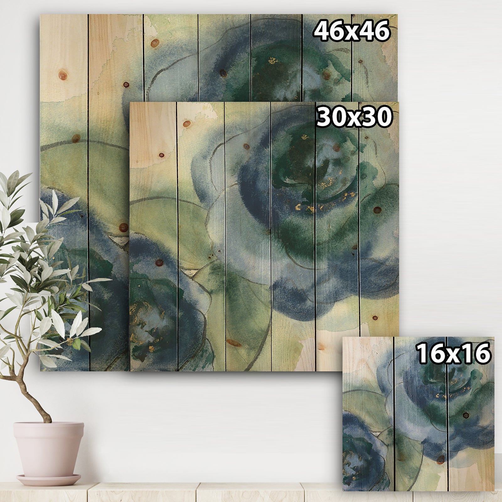 Blue Floral Poppies V - Cottage Print on Natural Pine Wood