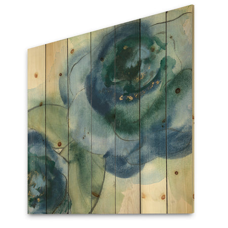 Blue Floral Poppies V - Cottage Print on Natural Pine Wood