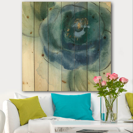 Blue Floral Poppies VI - Cottage Print on Natural Pine Wood