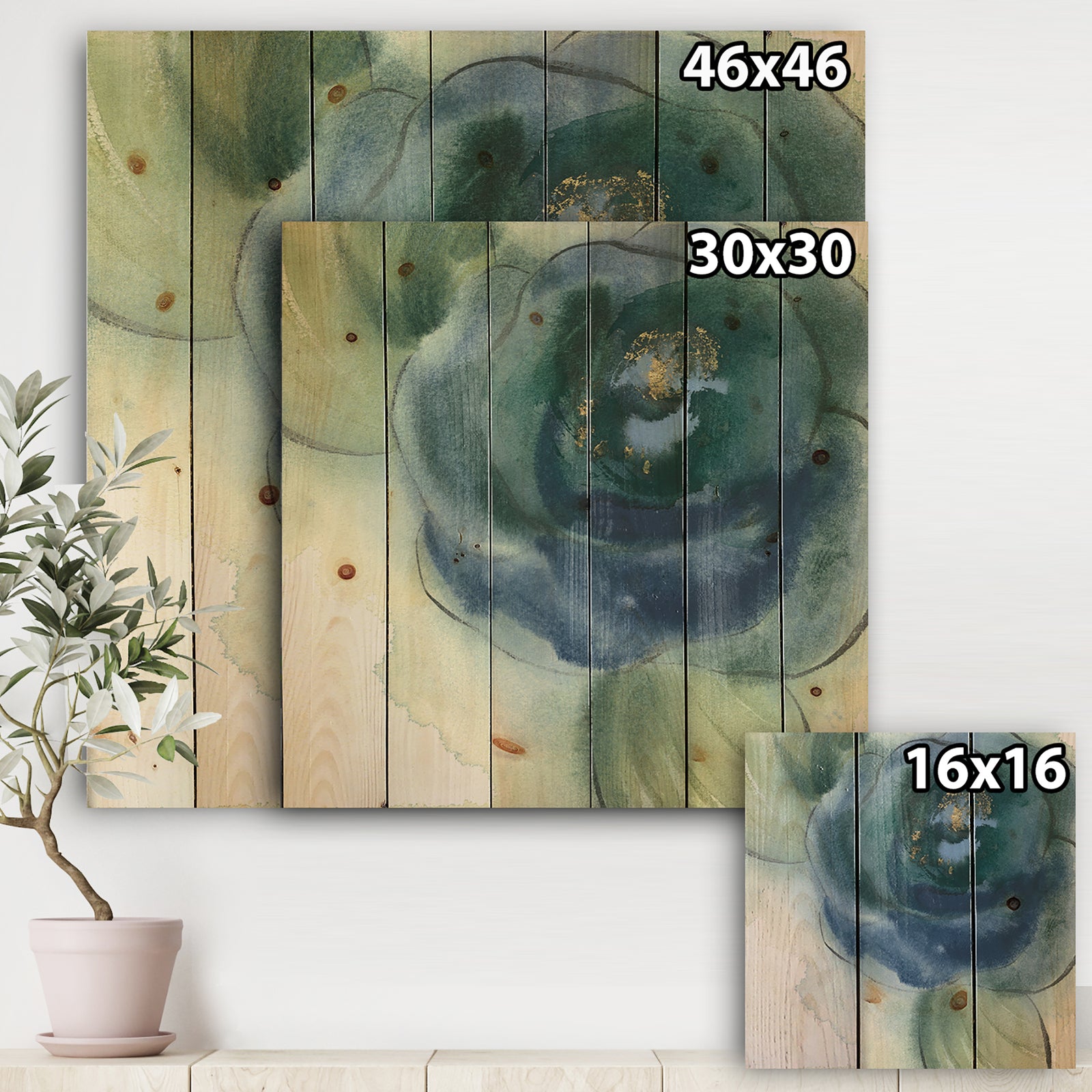 Blue Floral Poppies VI - Cottage Print on Natural Pine Wood