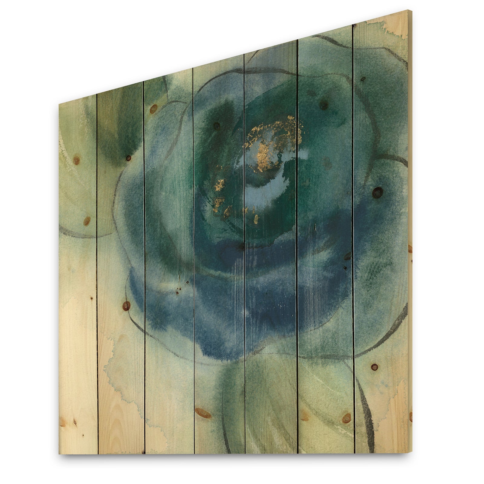 Blue Floral Poppies VI - Cottage Print on Natural Pine Wood