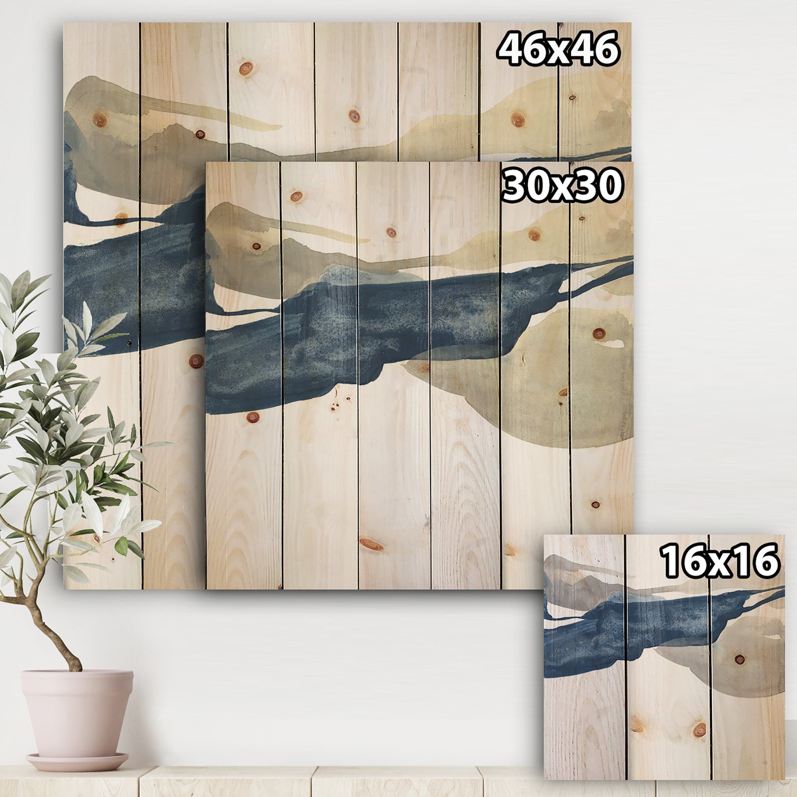 Gouache Sapphire on Gray II - Modern & Transitional Print on Natural Pine Wood