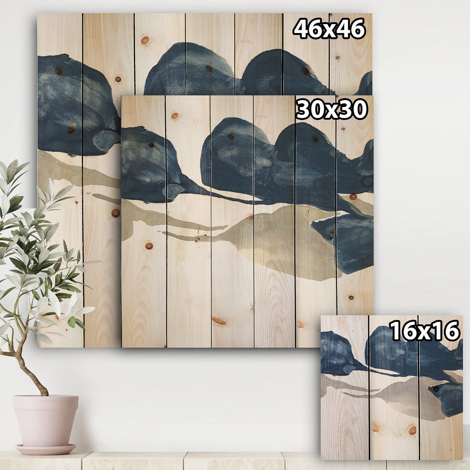 Gouache Sapphire on Gray III - Modern & Transitional Print on Natural Pine Wood