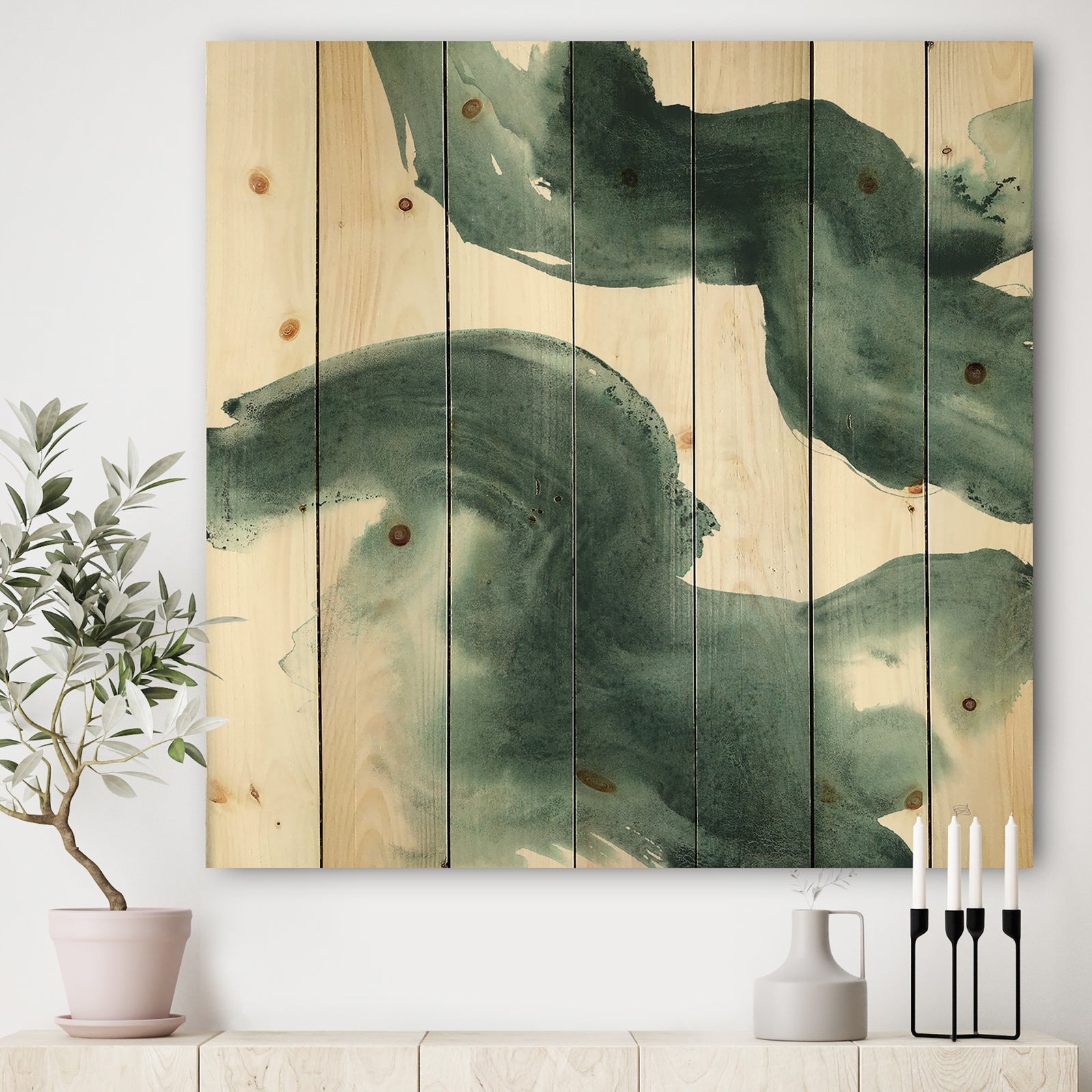 Gouache Green on Gray I - Modern & Transitional Print on Natural Pine Wood