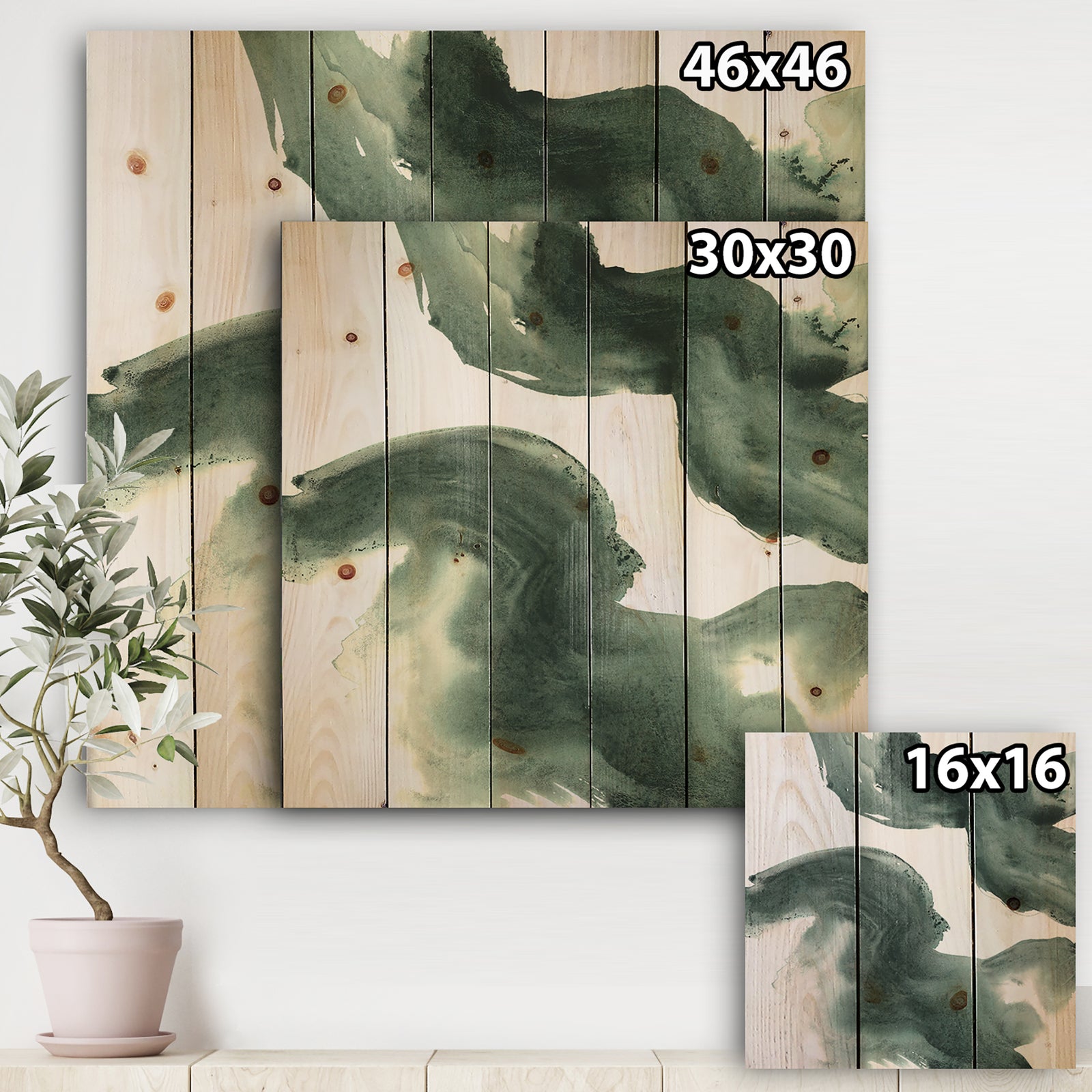 Gouache Green on Gray I - Modern & Transitional Print on Natural Pine Wood