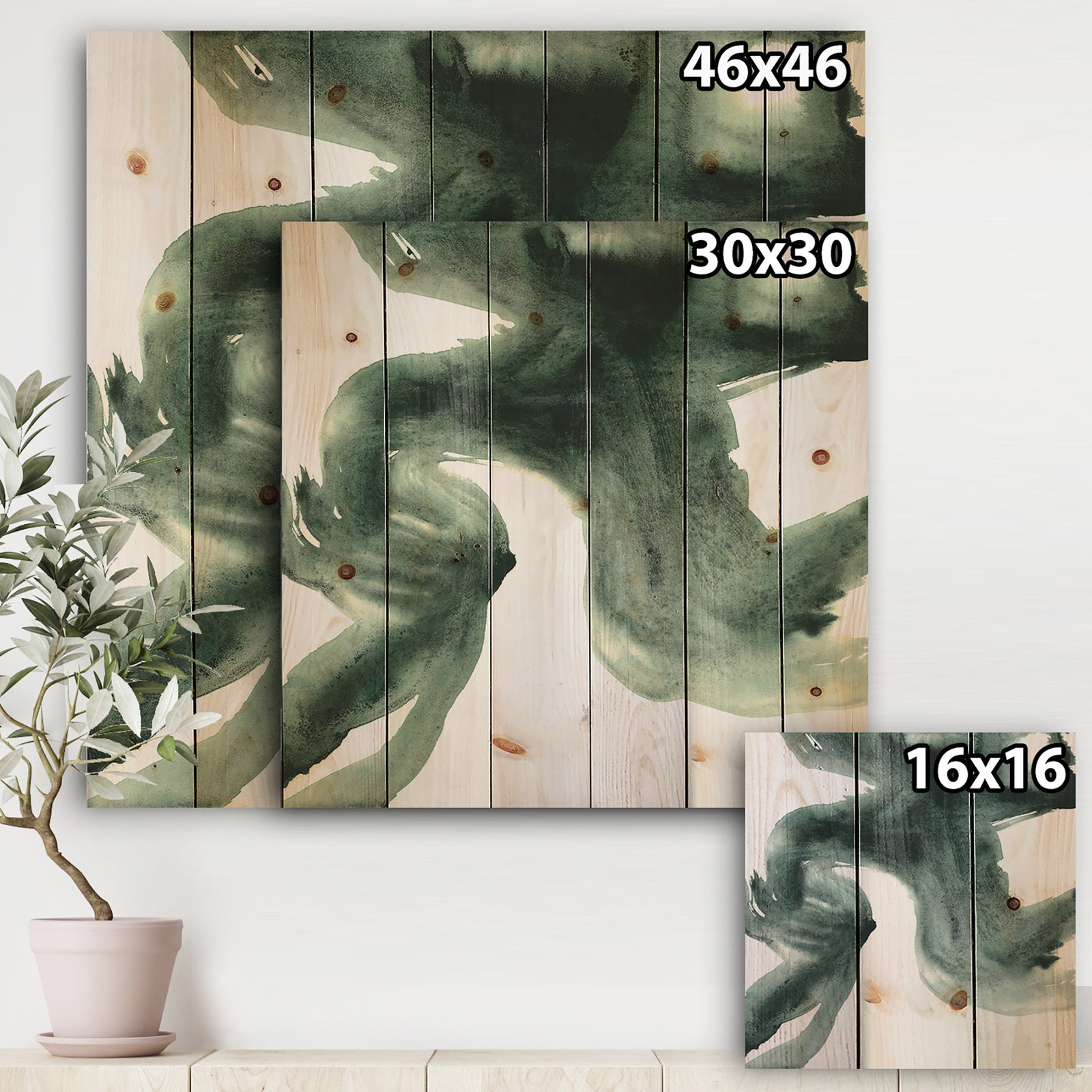 Gouache Green on Gray II - Modern & Transitional Print on Natural Pine Wood