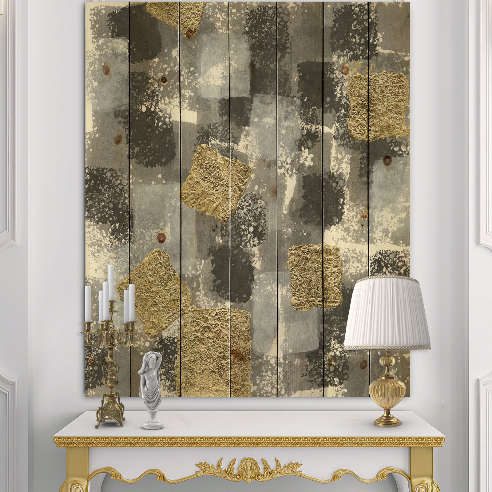 Gold Glamour Squares II - Modern & Transitional Print on Natural Pine Wood