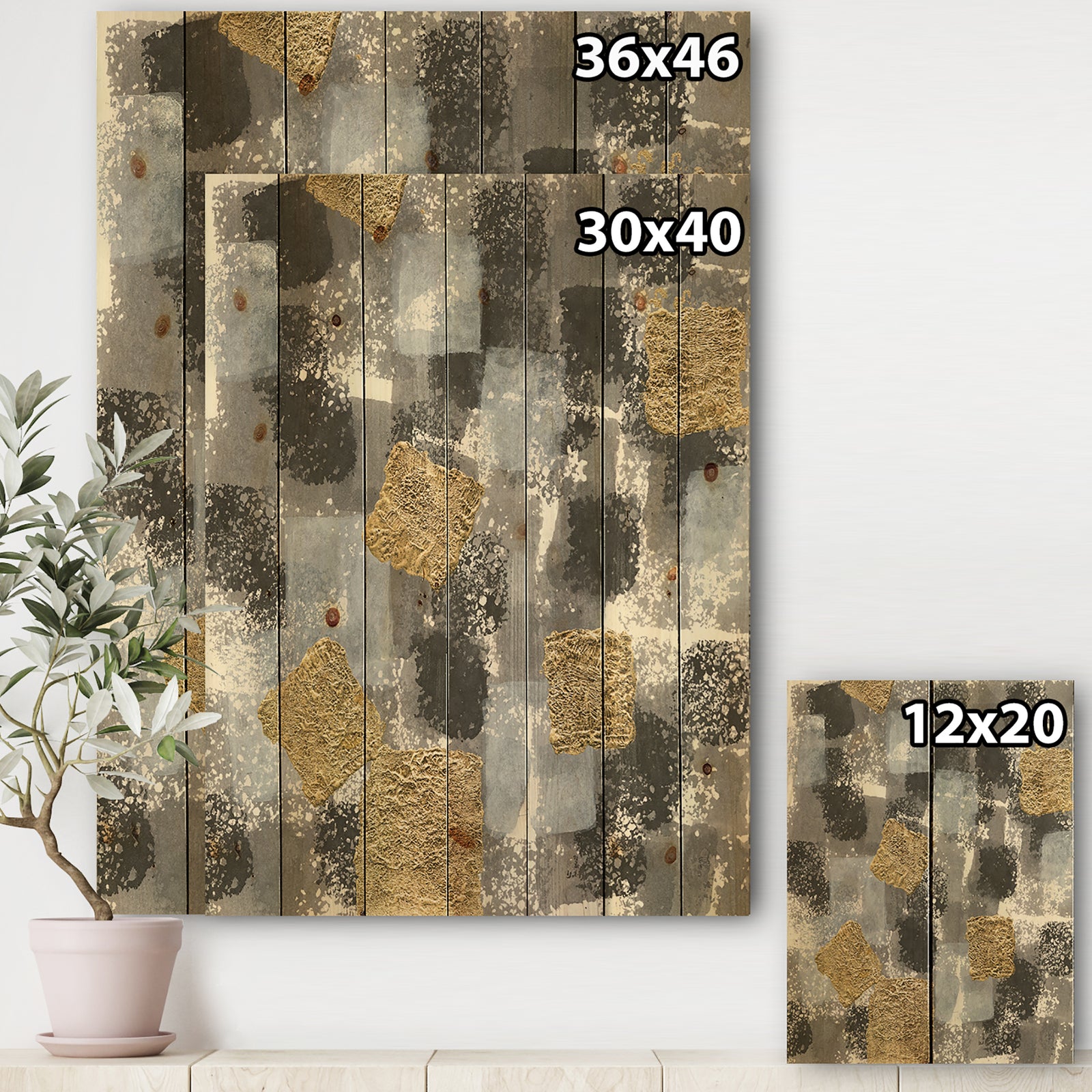 Gold Glamour Squares II - Modern & Transitional Print on Natural Pine Wood