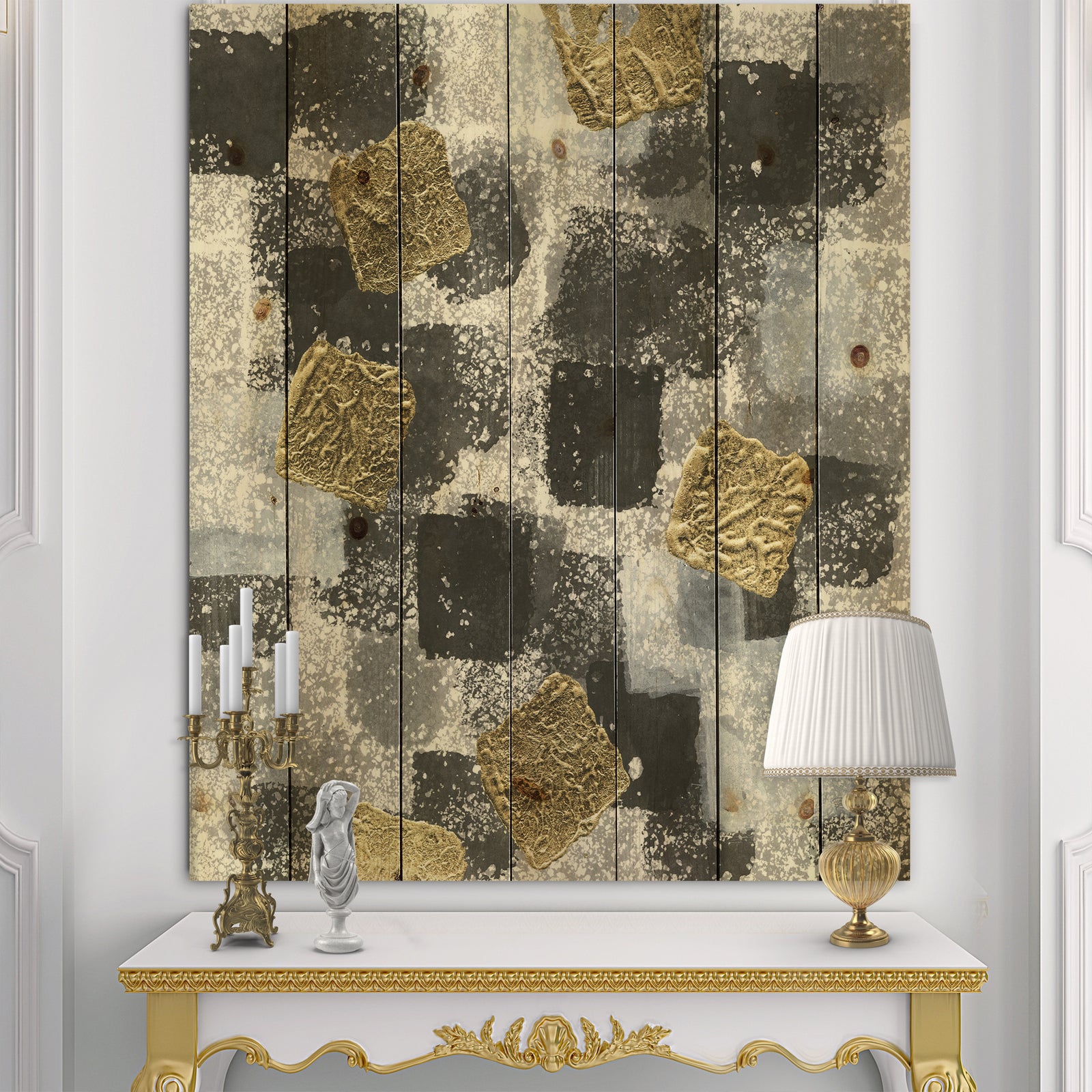 Gold Glamour Squares I - Modern & Transitional Print on Natural Pine Wood
