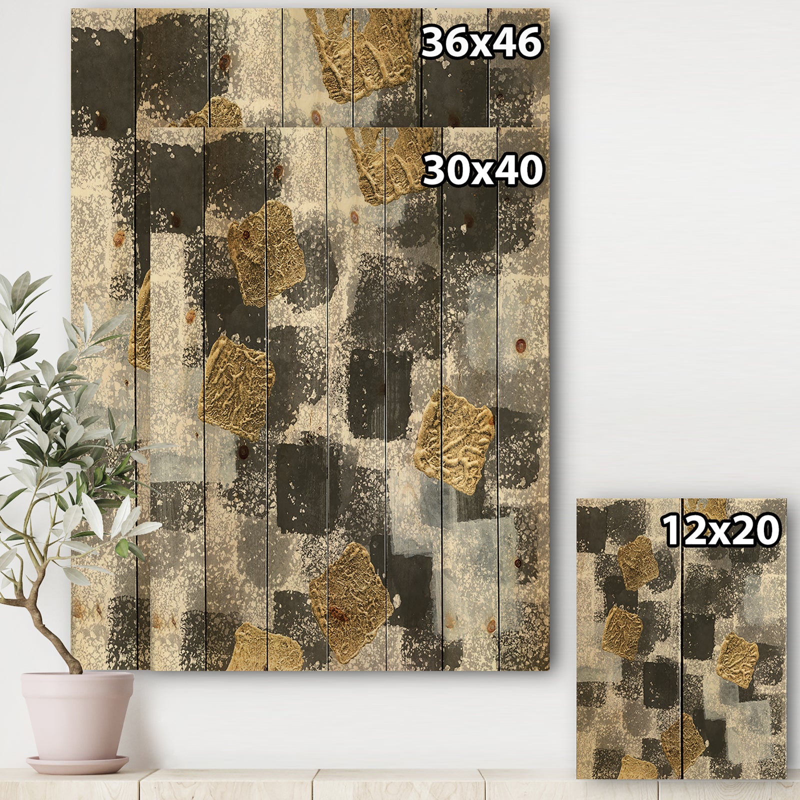 Gold Glamour Squares I - Modern & Transitional Print on Natural Pine Wood