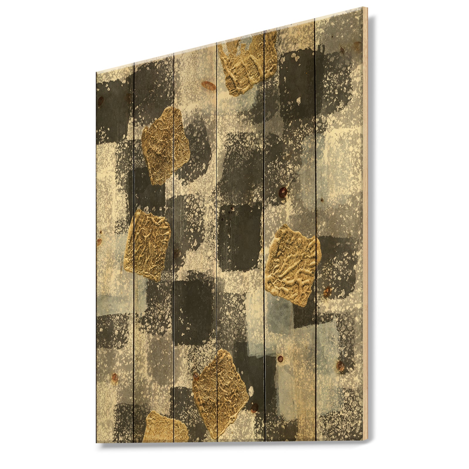 Gold Glamour Squares I - Modern & Transitional Print on Natural Pine Wood