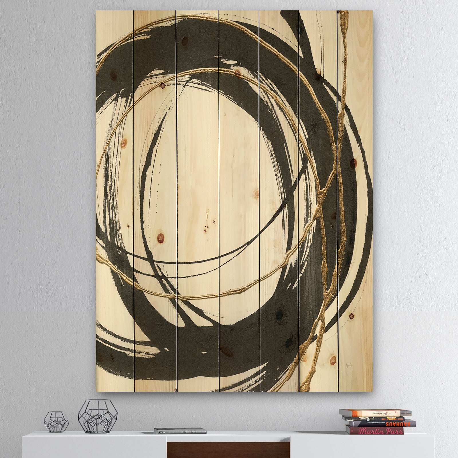 Gold Glamour Circle III - Posh & Luxe Print on Natural Pine Wood